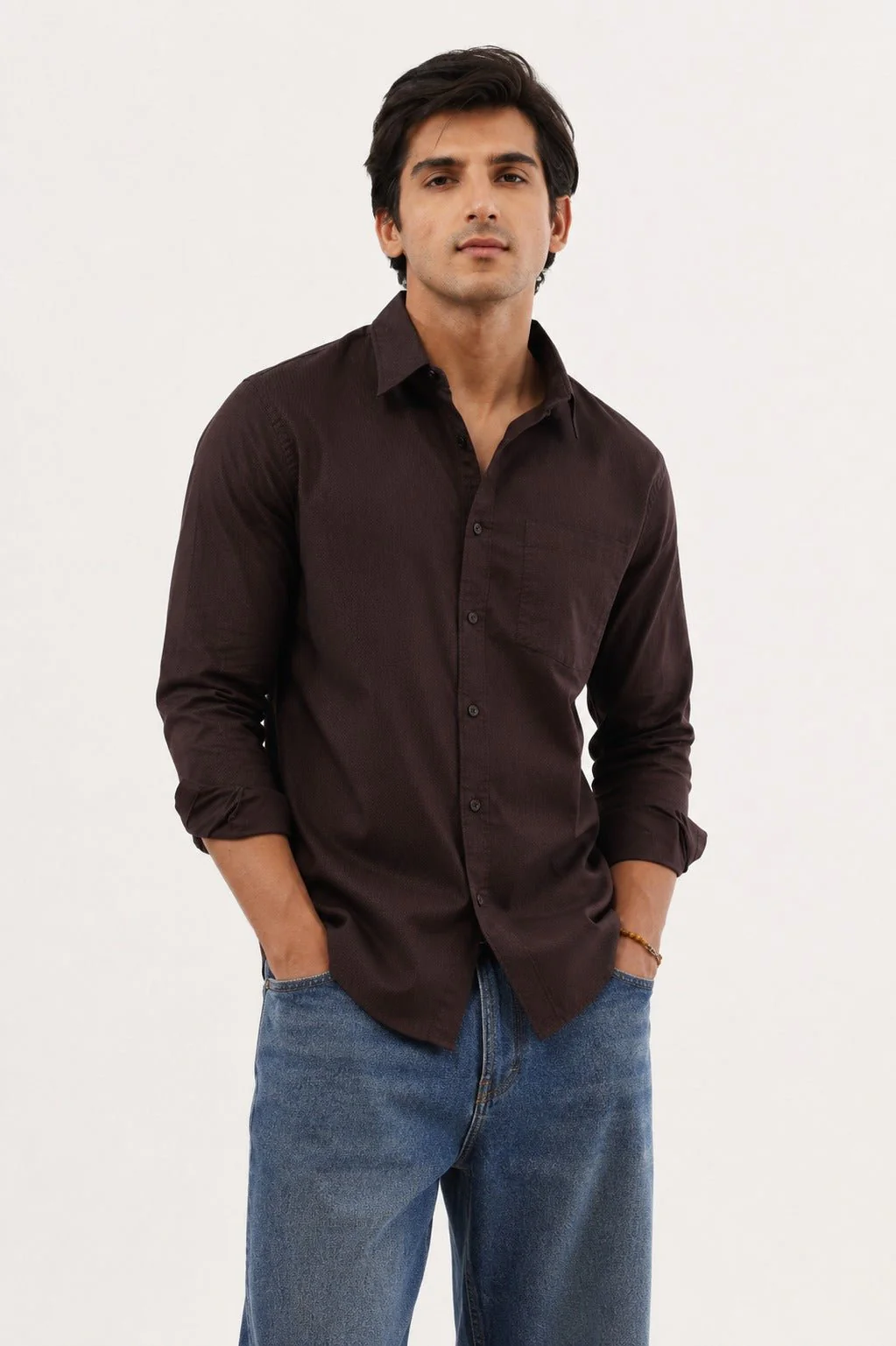 Dark Brown Cotton Shirt – Regular Fit, Full Sleeves - Image 2