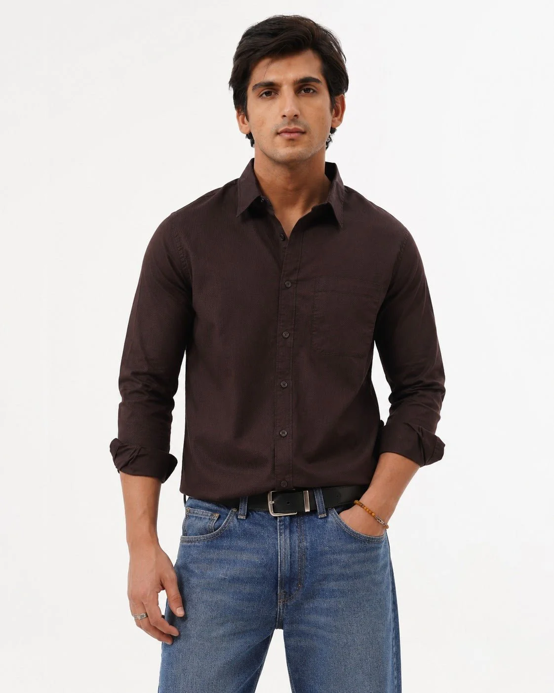 Dark Brown Cotton Shirt – Regular Fit, Full Sleeves - Image 5