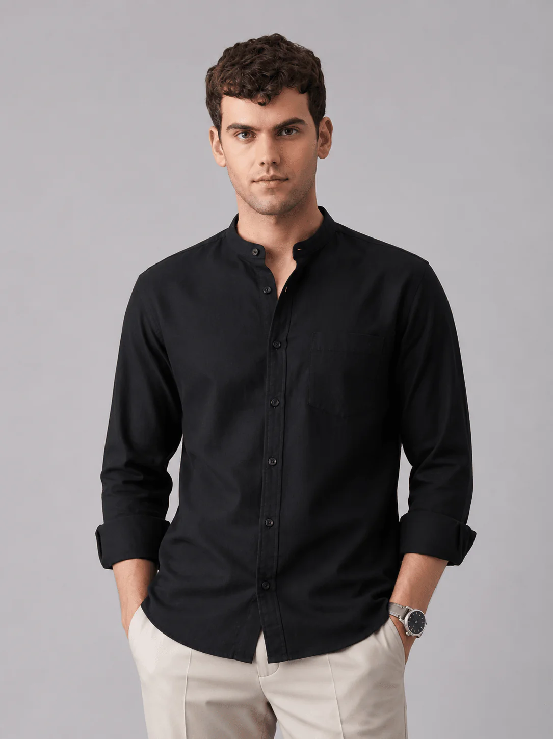 Dark Grey Oxford Cotton Mandarin Collar Shirt β Regular Fit, Full Sleeves