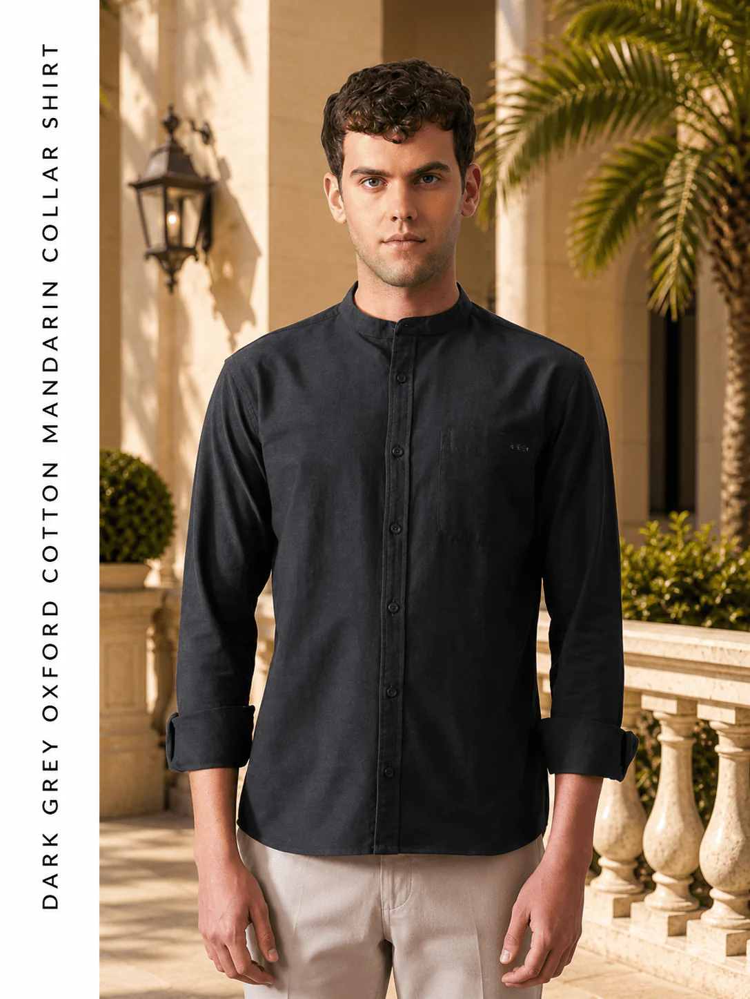 Dark Grey Oxford Cotton Mandarin Collar Shirt β Regular Fit, Full Sleeves - Image 3