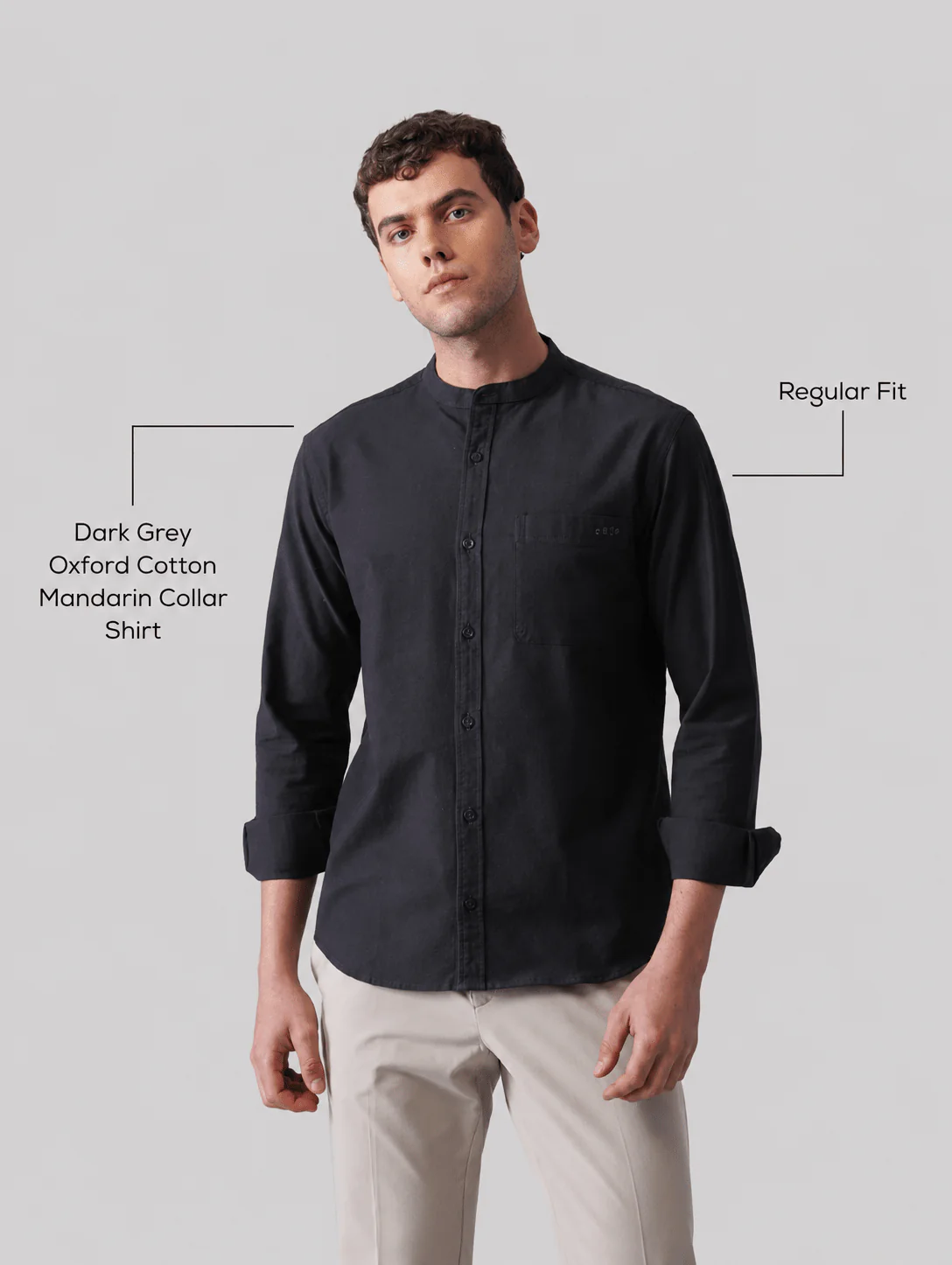 Dark Grey Oxford Cotton Mandarin Collar Shirt β Regular Fit, Full Sleeves - Image 4