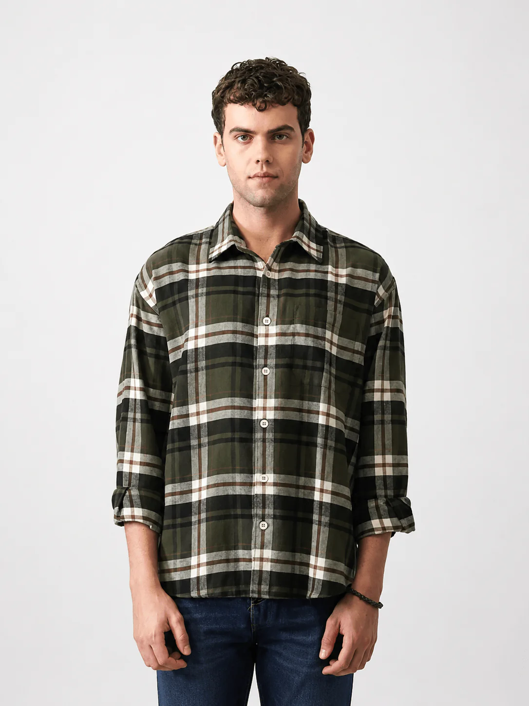 Green Checkered Brushed Cotton Shirt – Loose Fit, Full Sleeves