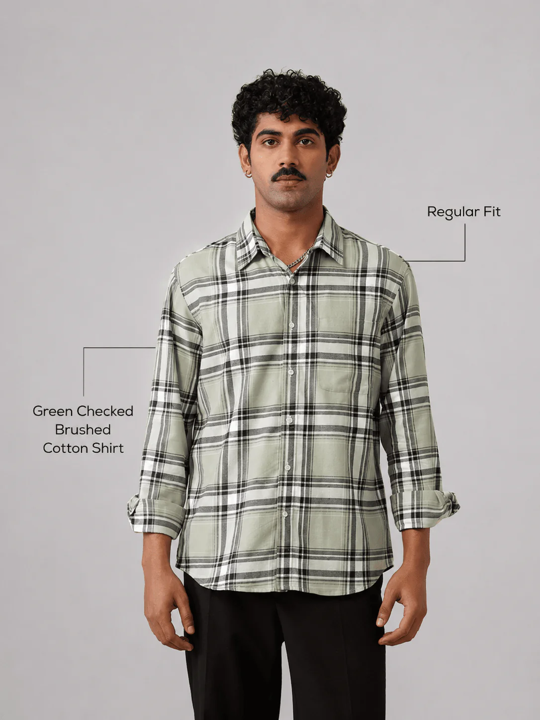 Green Checked Brushed Cotton Shirt – Regular Fit, Full Sleeves - Image 4