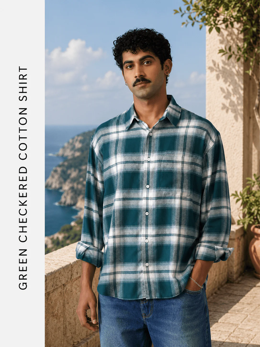 Green Checkered Cotton Shirt – Loose Fit, Full Sleeves - Image 3