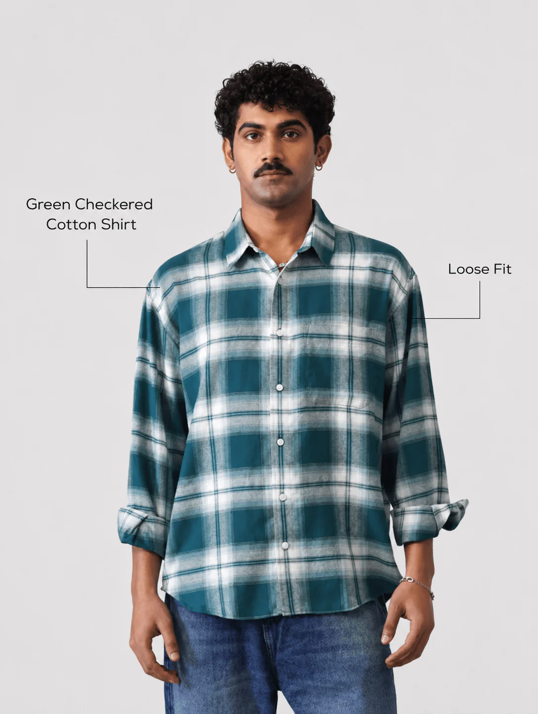 Green Checkered Cotton Shirt – Loose Fit, Full Sleeves - Image 4