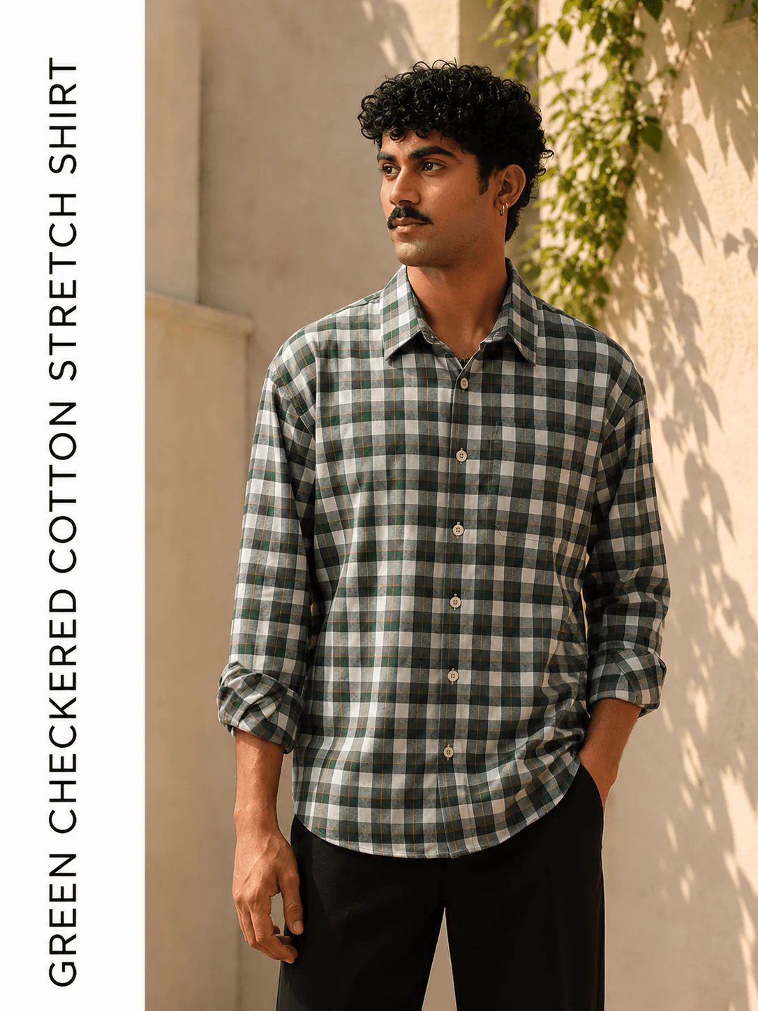 Green Checkered Cotton Stretch Shirt – Loose Fit, Full Sleeves - Image 3