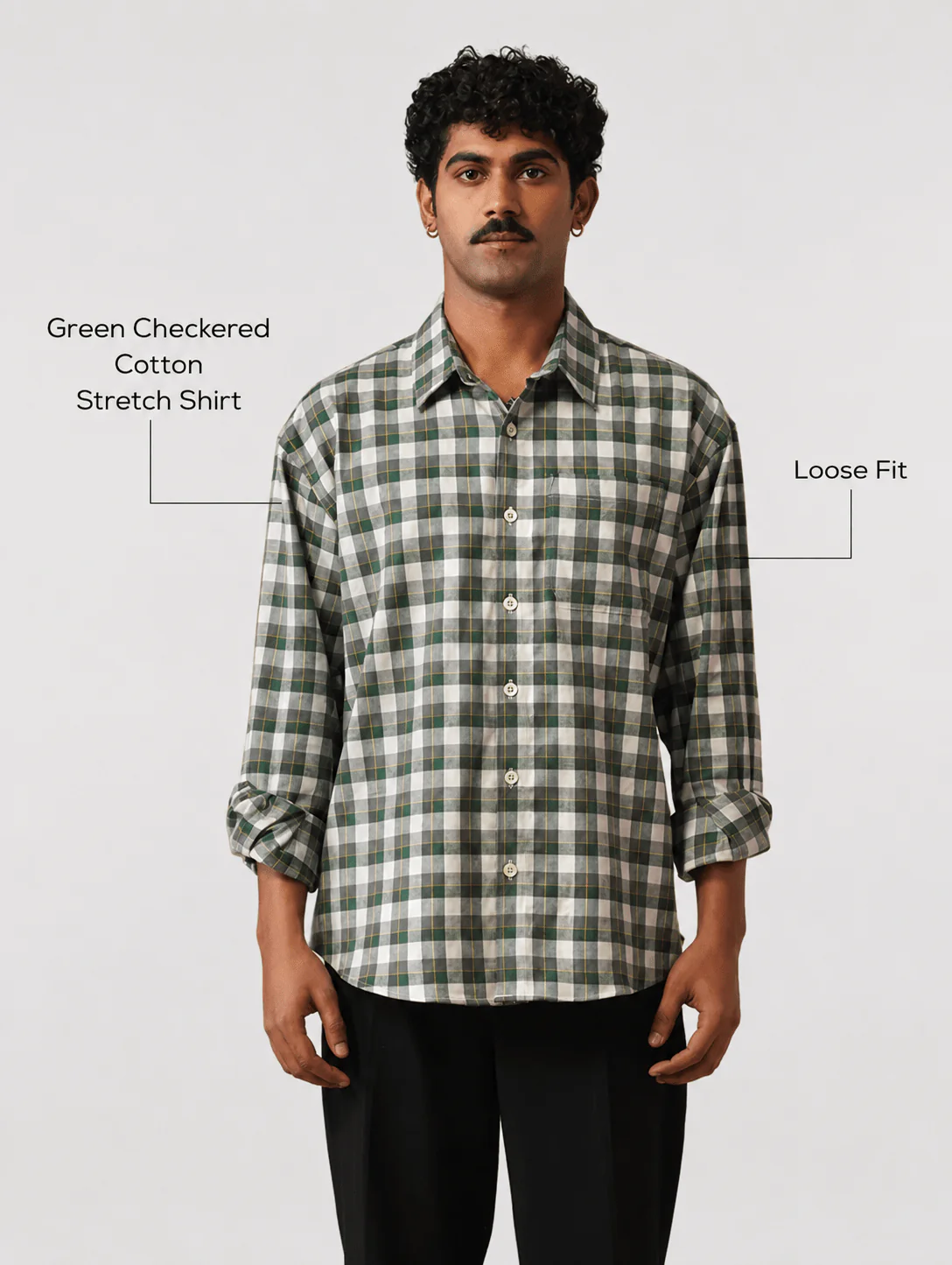 Green Checkered Cotton Stretch Shirt – Loose Fit, Full Sleeves - Image 4