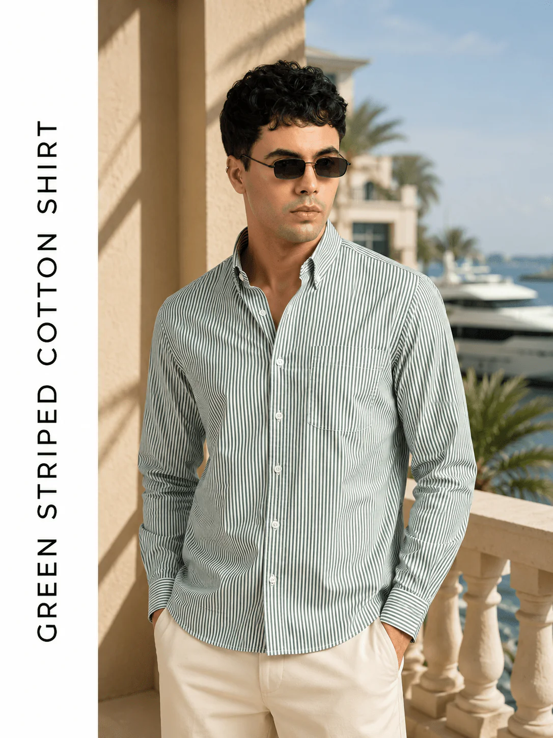 Green Striped Cotton Shirt – Regular Fit, Full Sleeves - Image 3