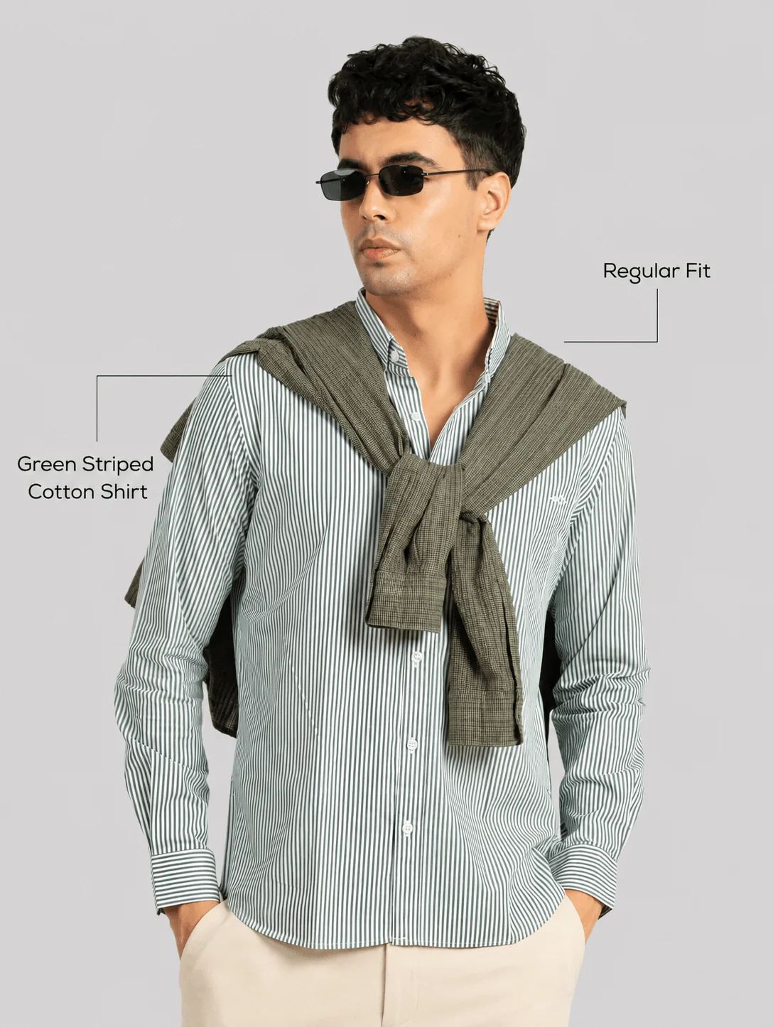 Green Striped Cotton Shirt – Regular Fit, Full Sleeves - Image 4
