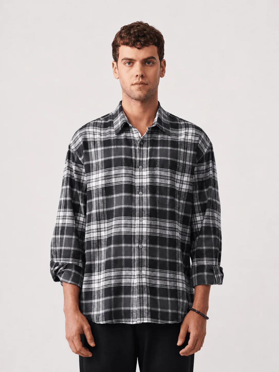 Grey Checkered Brushed Cotton Shirt β Loose Fit, Full Sleeves