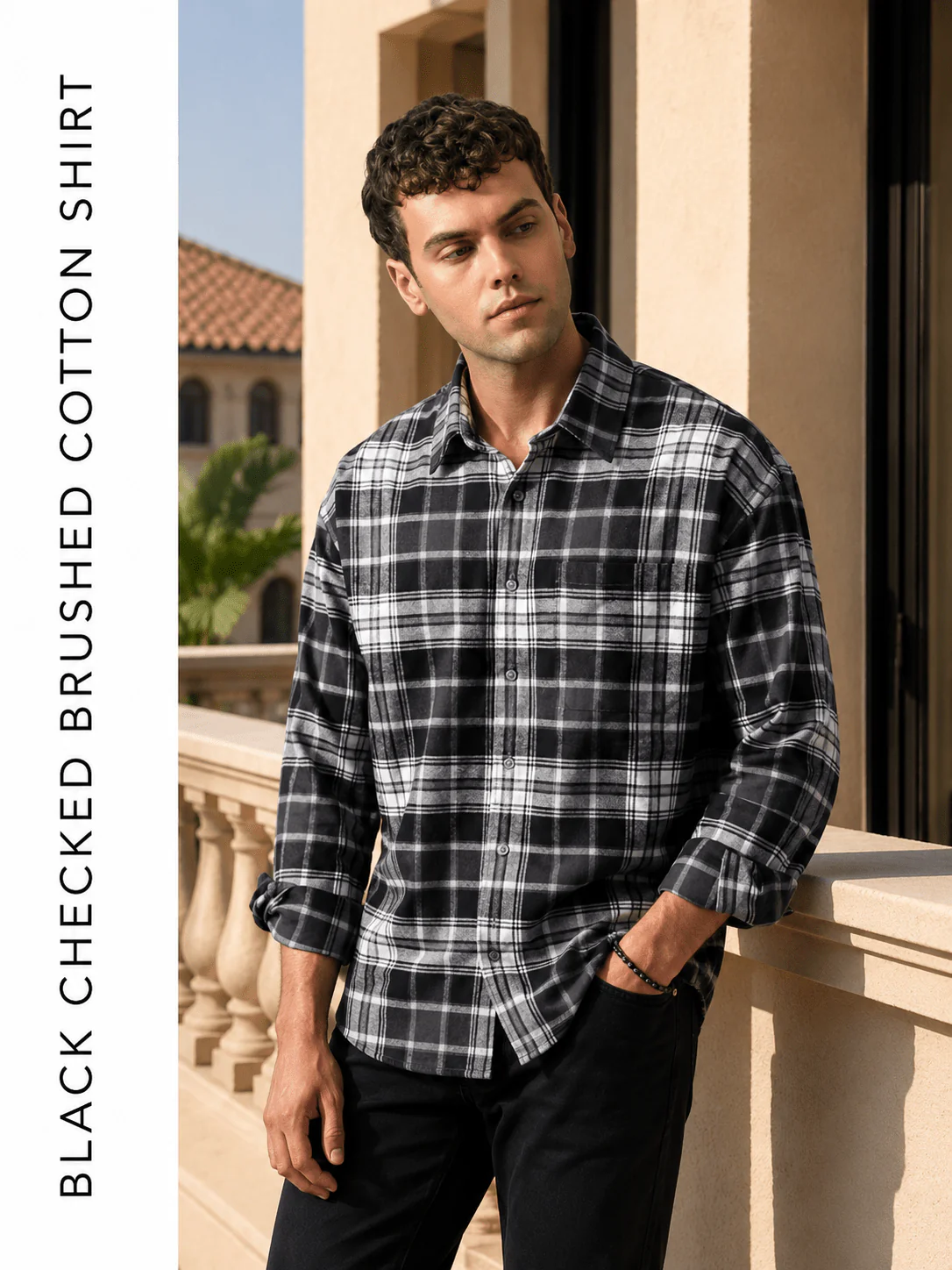 Grey Checkered Brushed Cotton Shirt β Loose Fit, Full Sleeves - Image 3