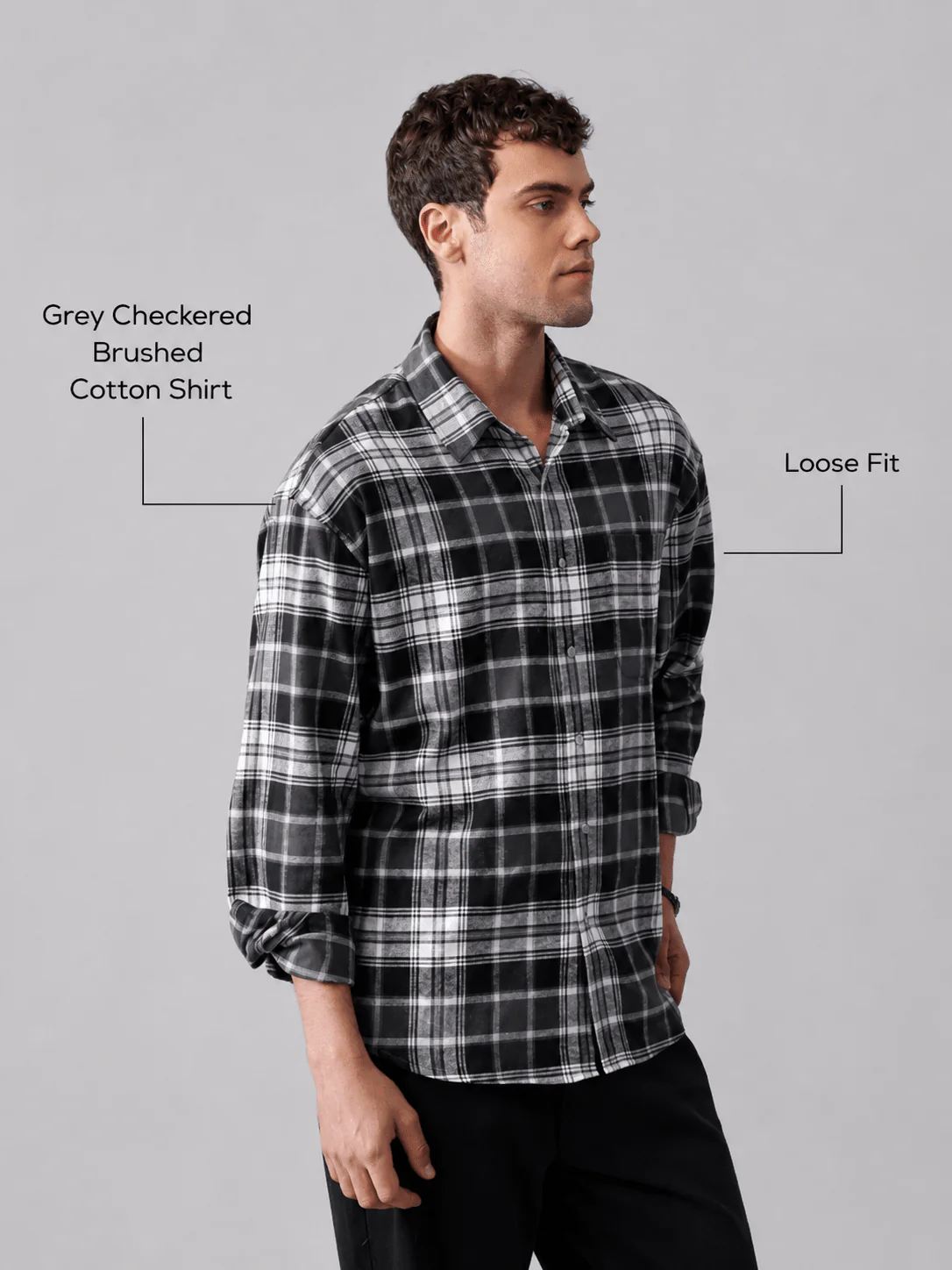 Grey Checkered Brushed Cotton Shirt β Loose Fit, Full Sleeves - Image 4