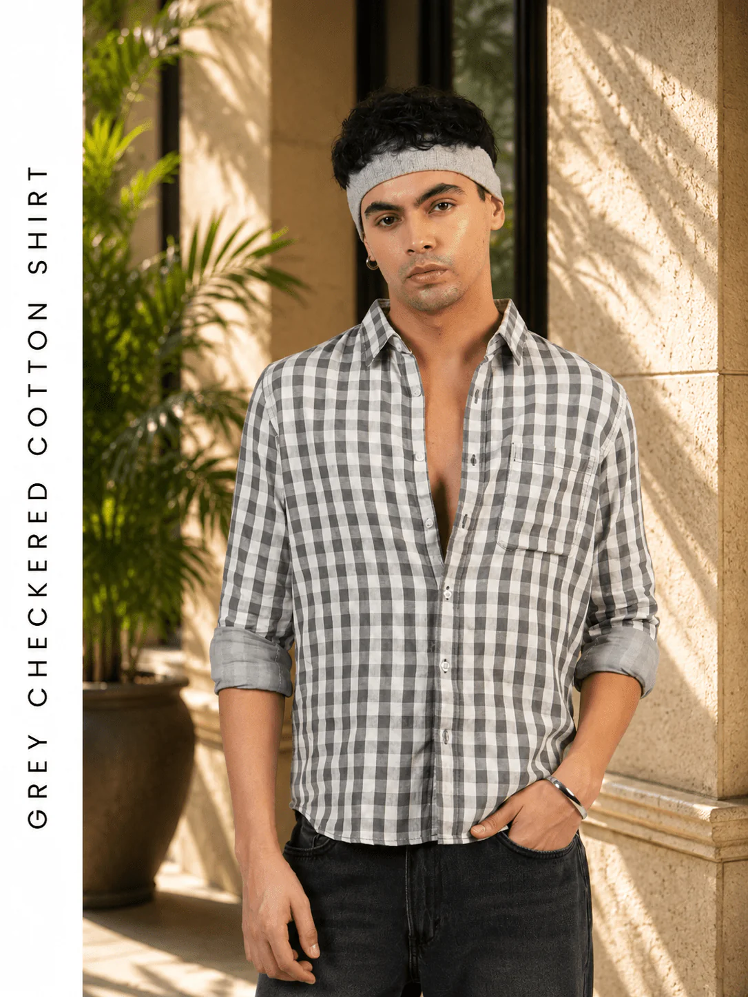 Grey Checkered Cotton Shirt β Full Sleeve, Regular Fit - Image 3