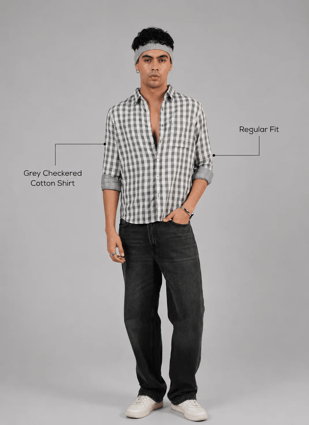 Grey Checkered Cotton Shirt β Full Sleeve, Regular Fit - Image 4