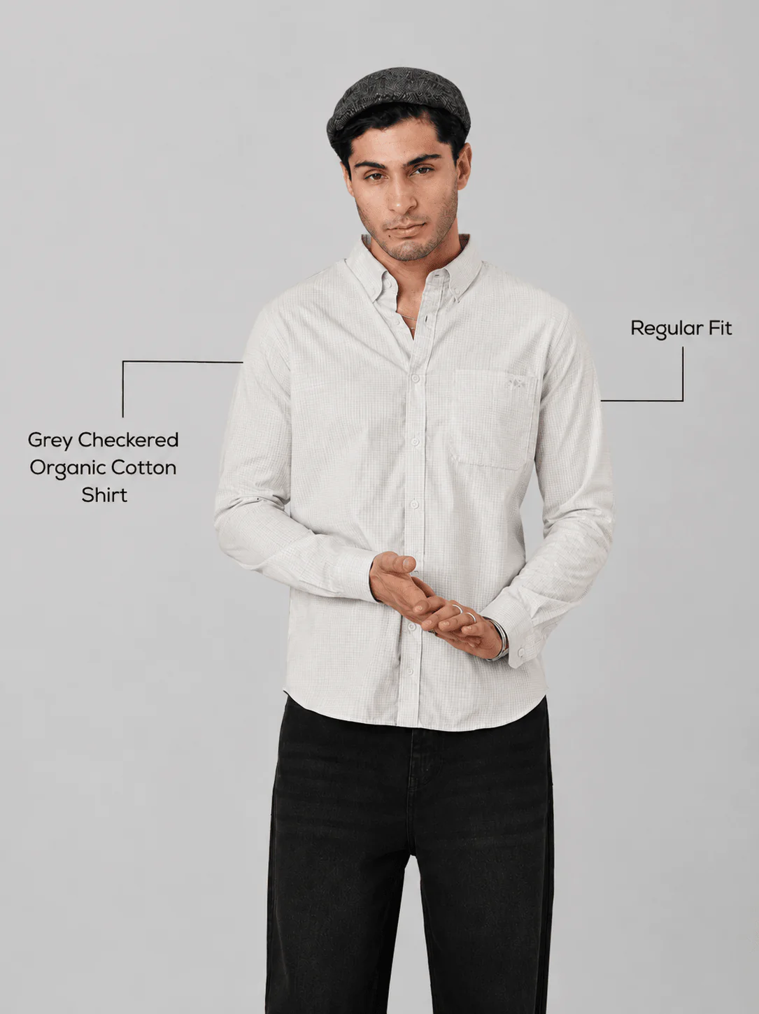 Grey Checkered Organic Cotton Shirt – Button-Down Collar | Regular Fit - Image 4