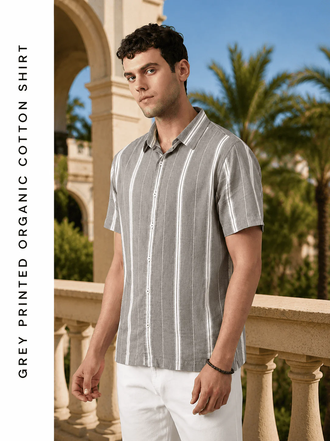 Grey Printed Organic Cotton Shirt – Regular Fit, Half Sleeves - Image 3