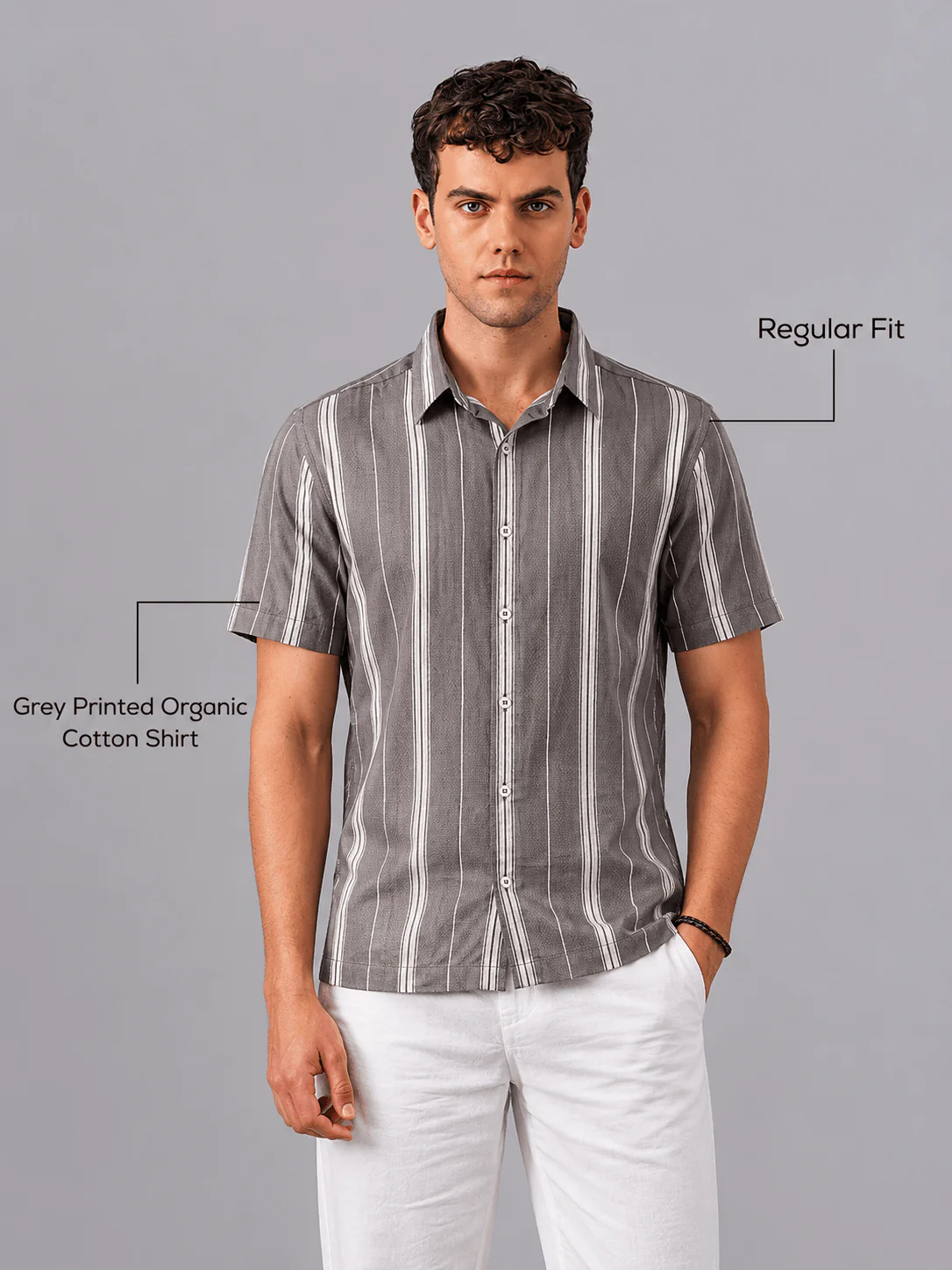 Grey Printed Organic Cotton Shirt – Regular Fit, Half Sleeves - Image 4