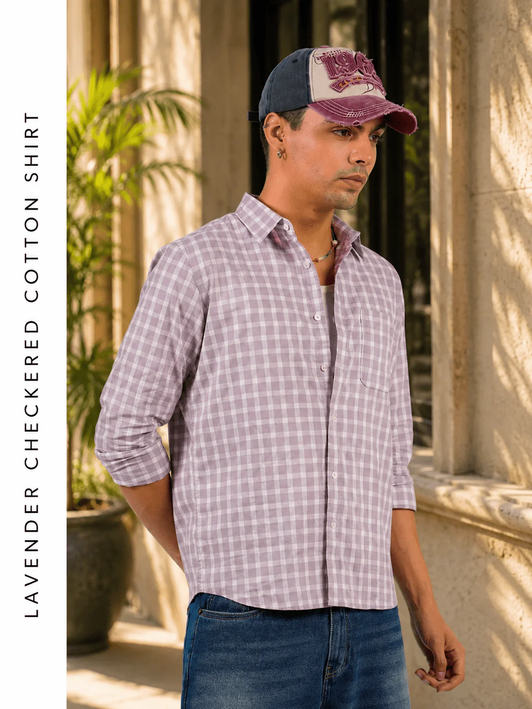 Lavender Checkered Cotton Shirt – Full Sleeve, Regular Fit - Image 3