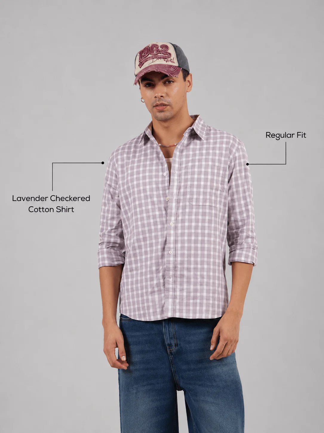 Lavender Checkered Cotton Shirt – Full Sleeve, Regular Fit - Image 4
