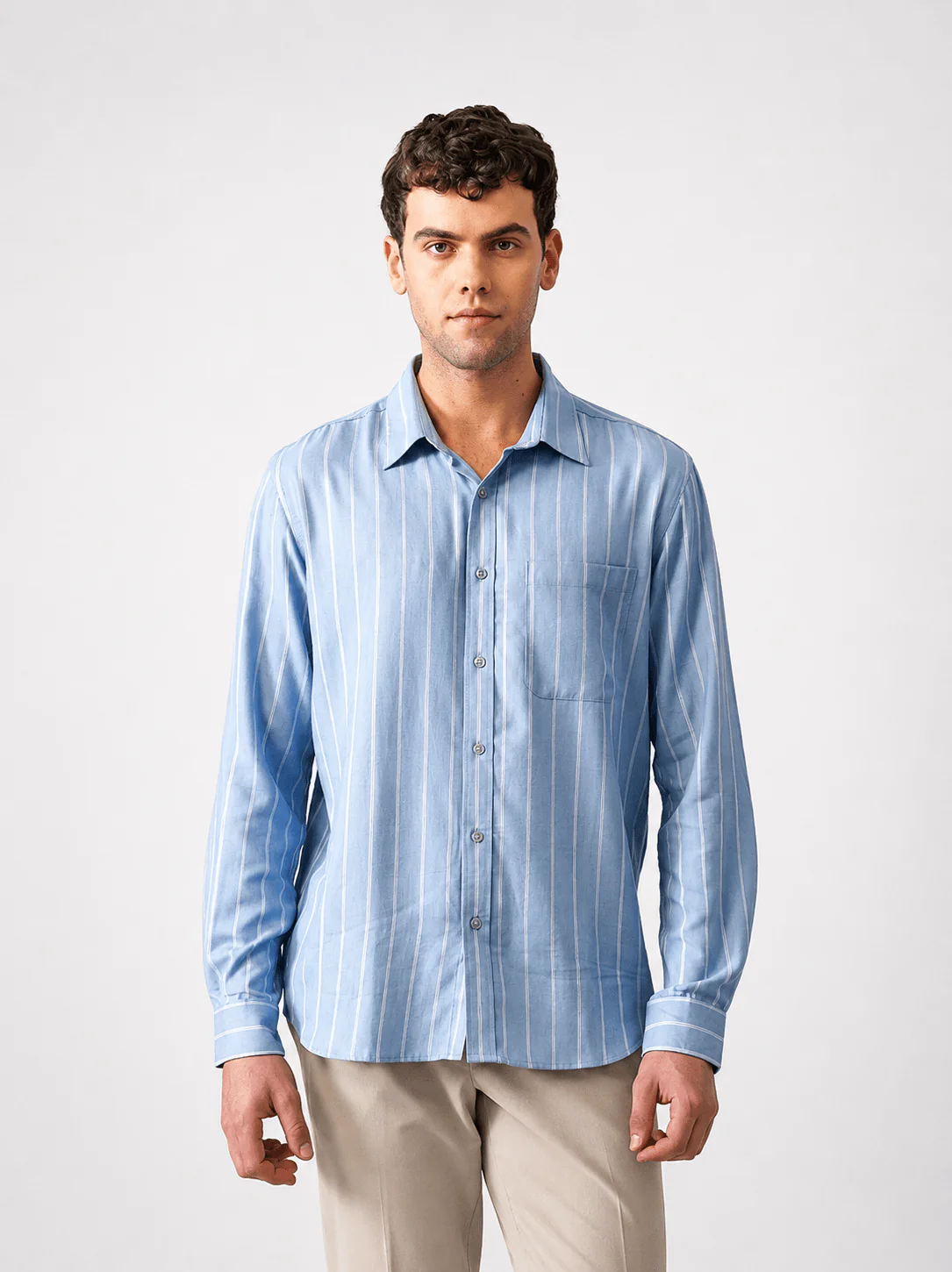 Light Blue Striped Brushed Cotton Shirt β Regular Fit