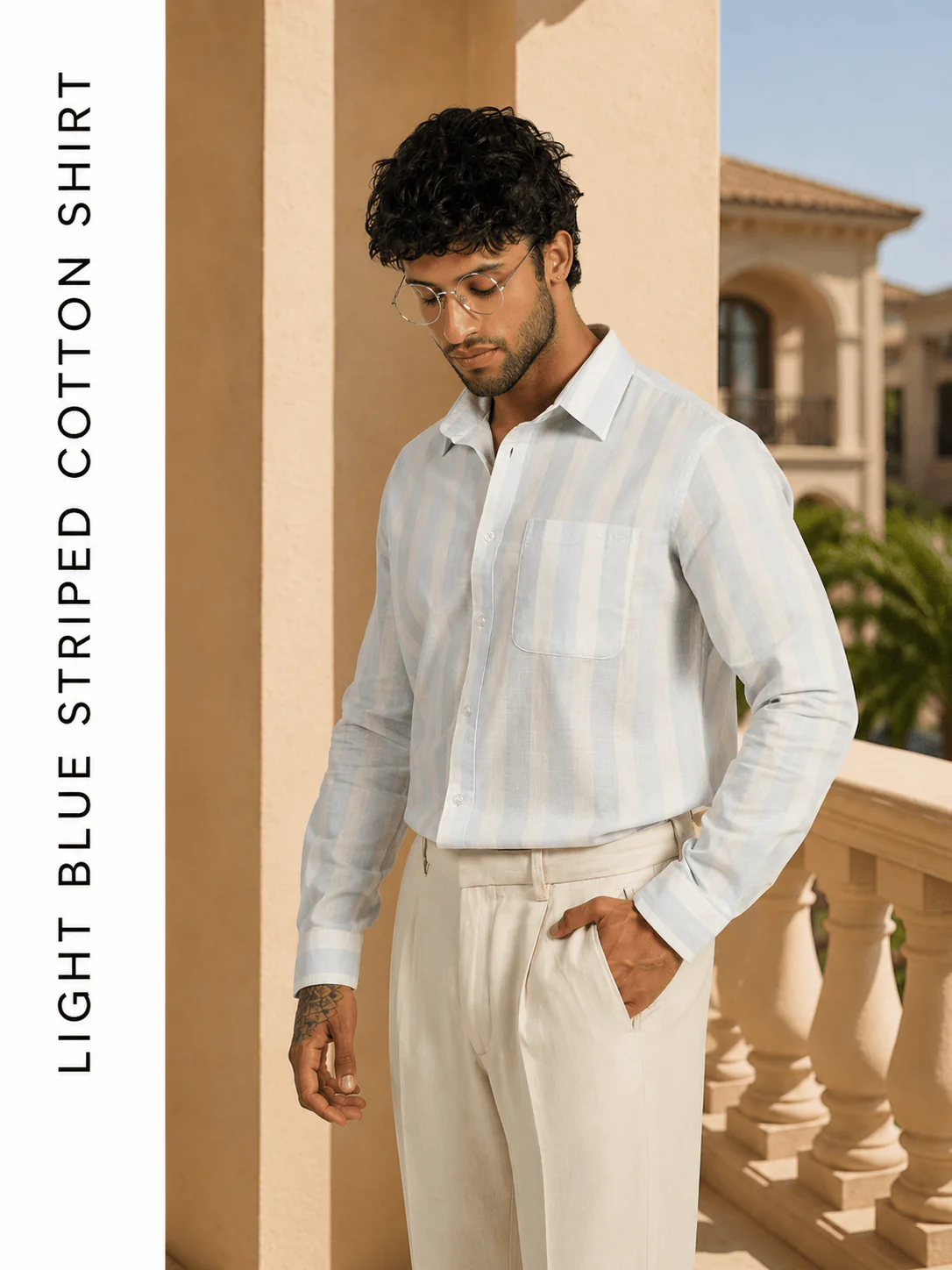 Light Blue Striped Cotton Shirt – Regular Fit, Full Sleeves - Image 3