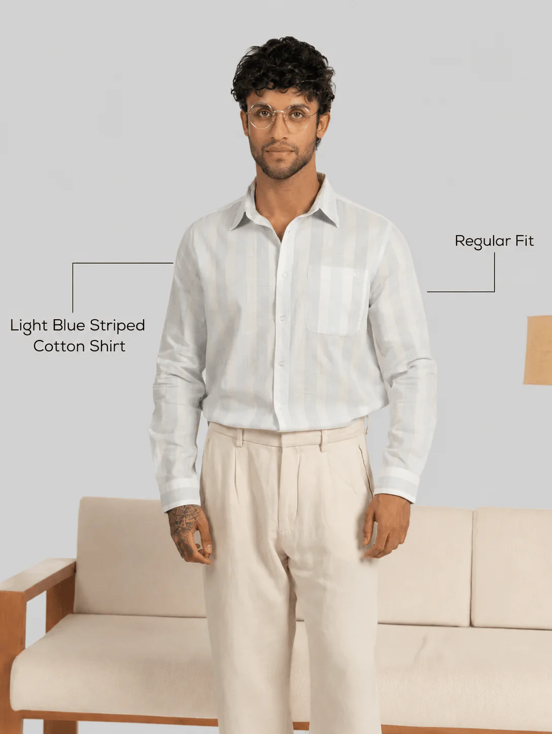 Light Blue Striped Cotton Shirt – Regular Fit, Full Sleeves - Image 4