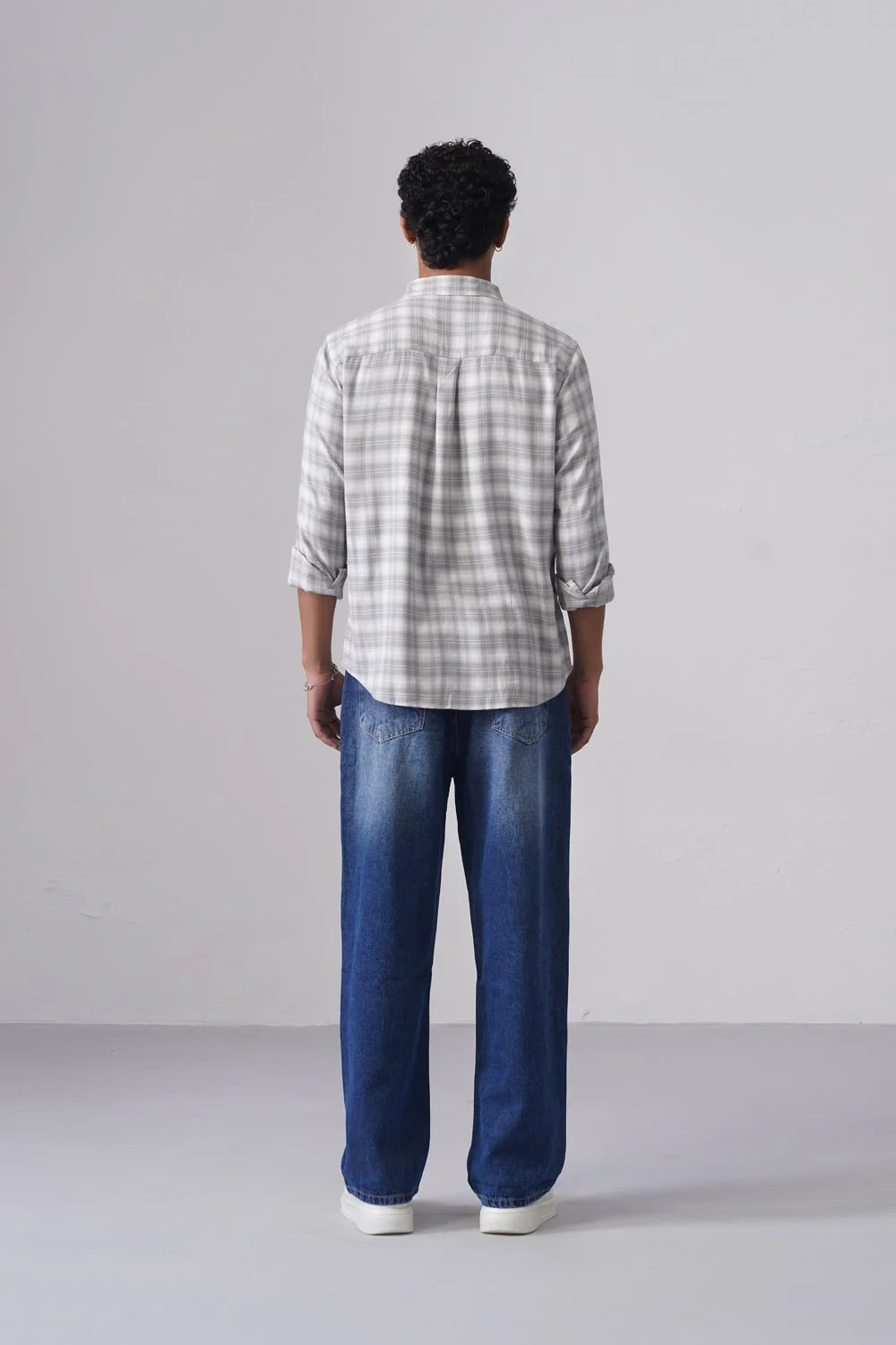 Light Grey Checkered Cotton Blend Shirt – Regular Fit, Full Sleeves - Image 5