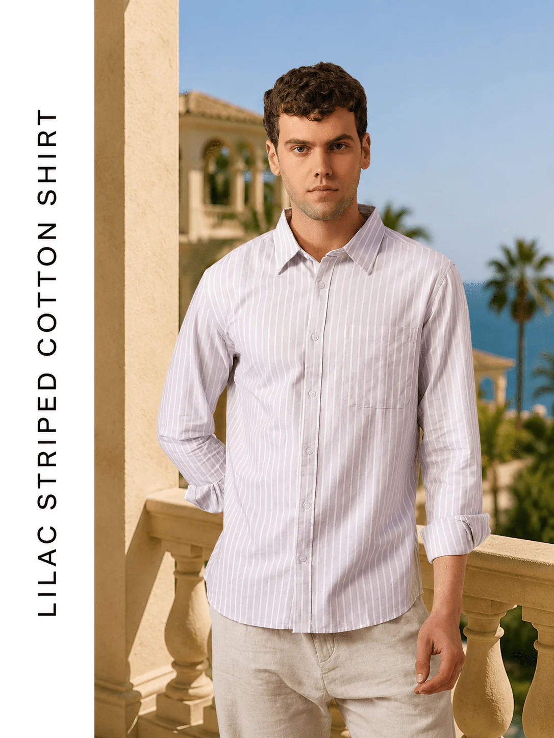 Lilac Striped Cotton Shirt – Regular Fit, Full Sleeves - Image 3