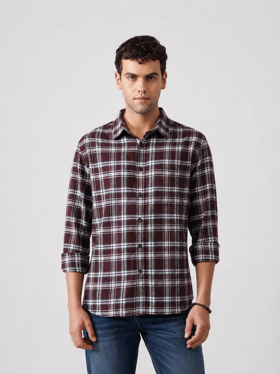 Maroon Checkered Brushed Cotton Shirt – Regular Fit, Full Sleeves