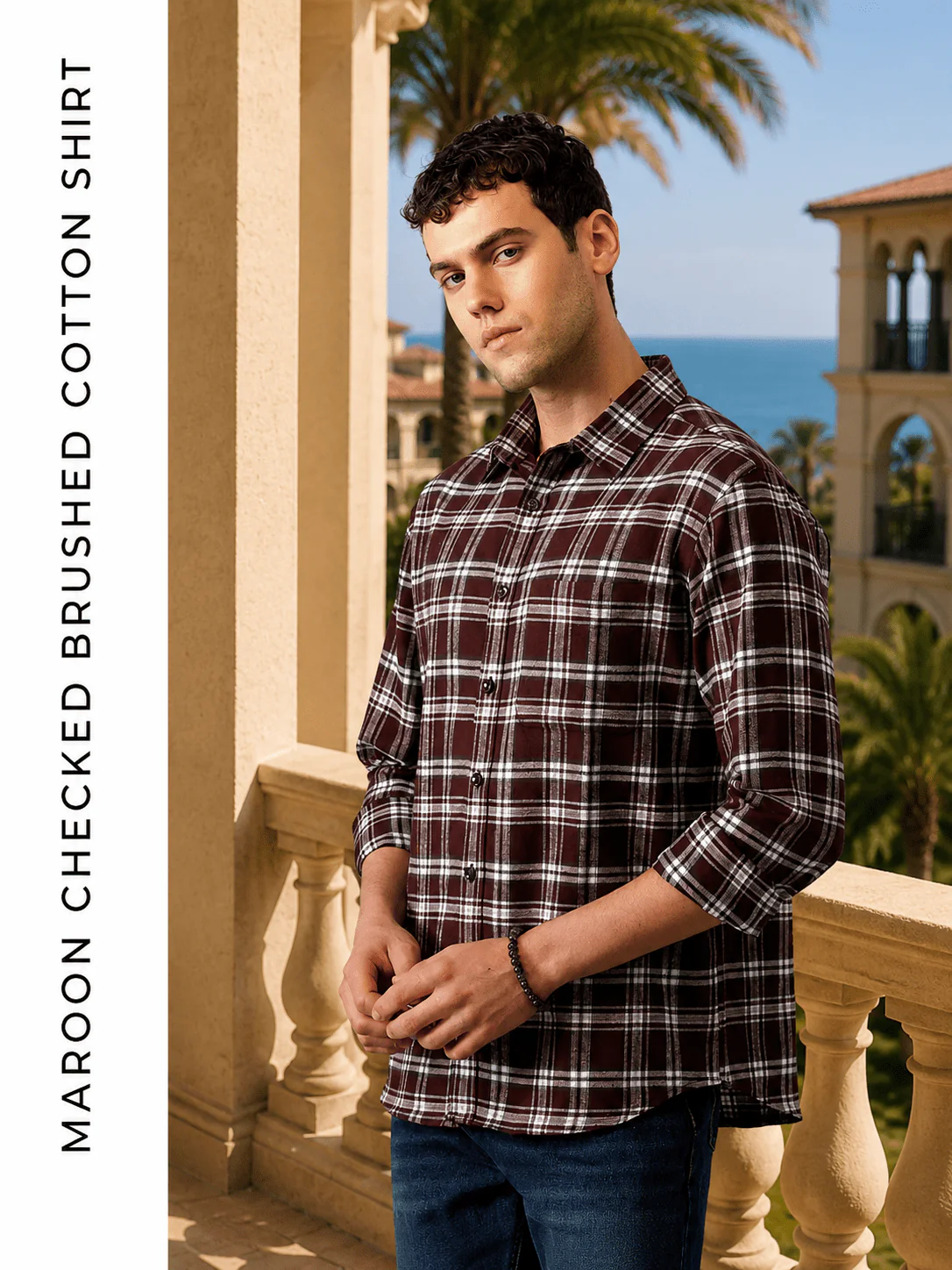 Maroon Checkered Brushed Cotton Shirt – Regular Fit, Full Sleeves - Image 3
