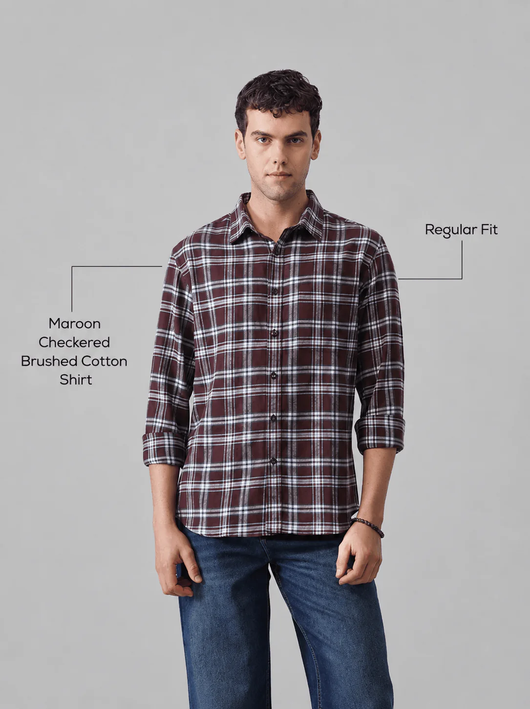 Maroon Checkered Brushed Cotton Shirt – Regular Fit, Full Sleeves - Image 4