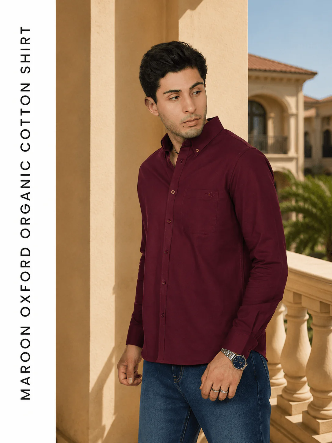 Maroon Oxford Organic Cotton Shirt – Regular Fit - Image 3