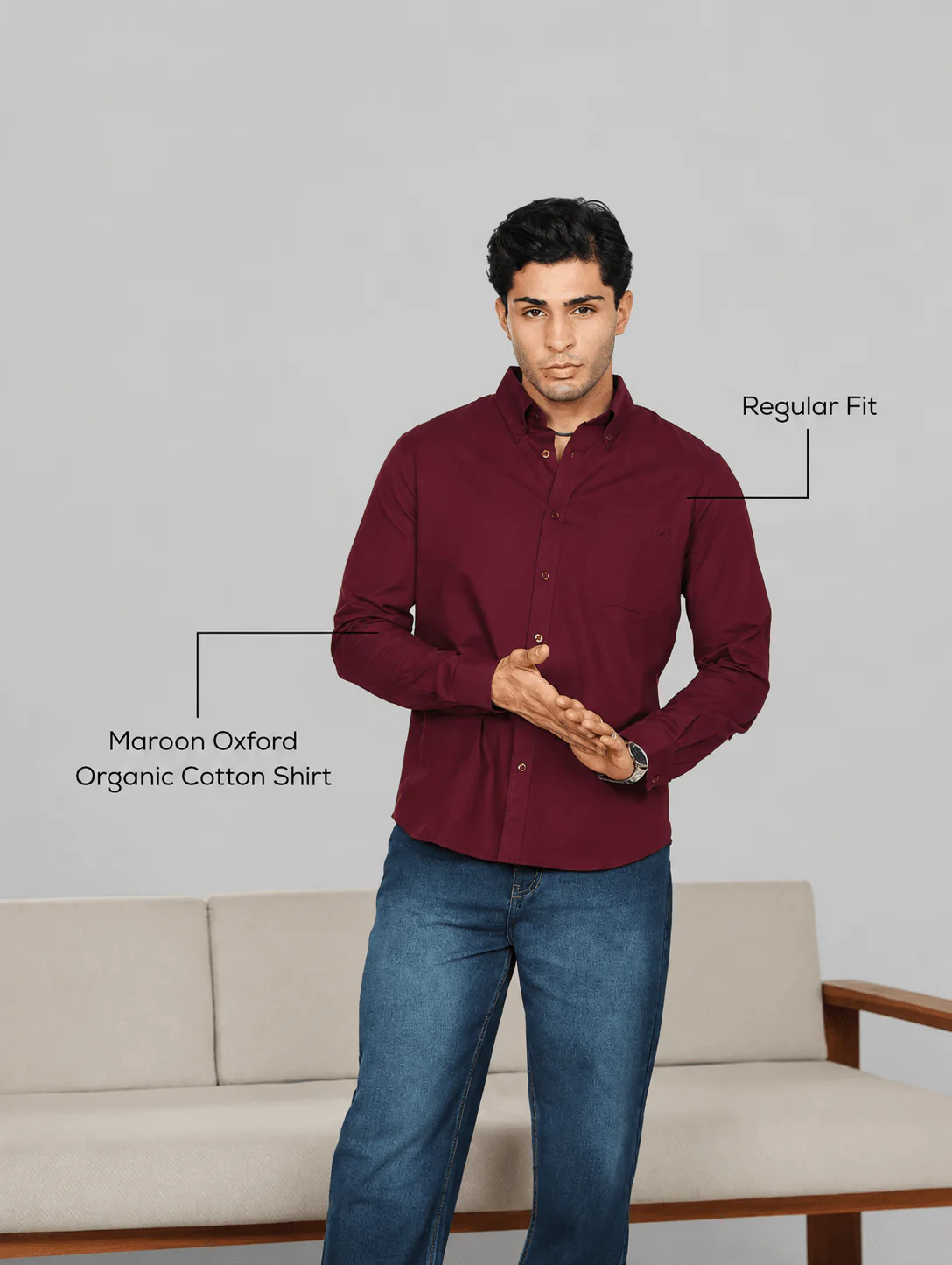 Maroon Oxford Organic Cotton Shirt – Regular Fit - Image 4