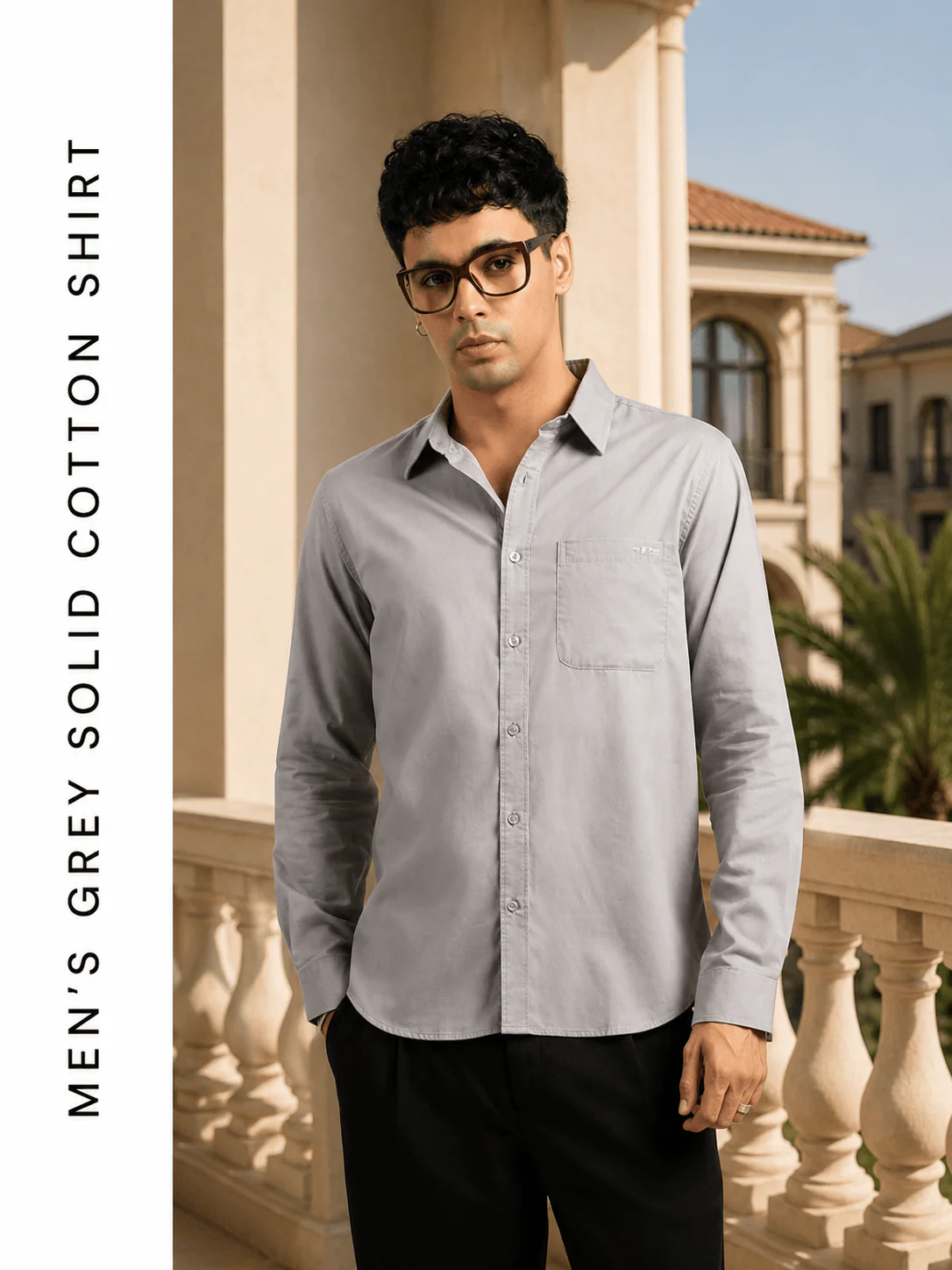 Men’s Grey Solid Cotton Shirt – Regular Fit, Full Sleeves - Image 3