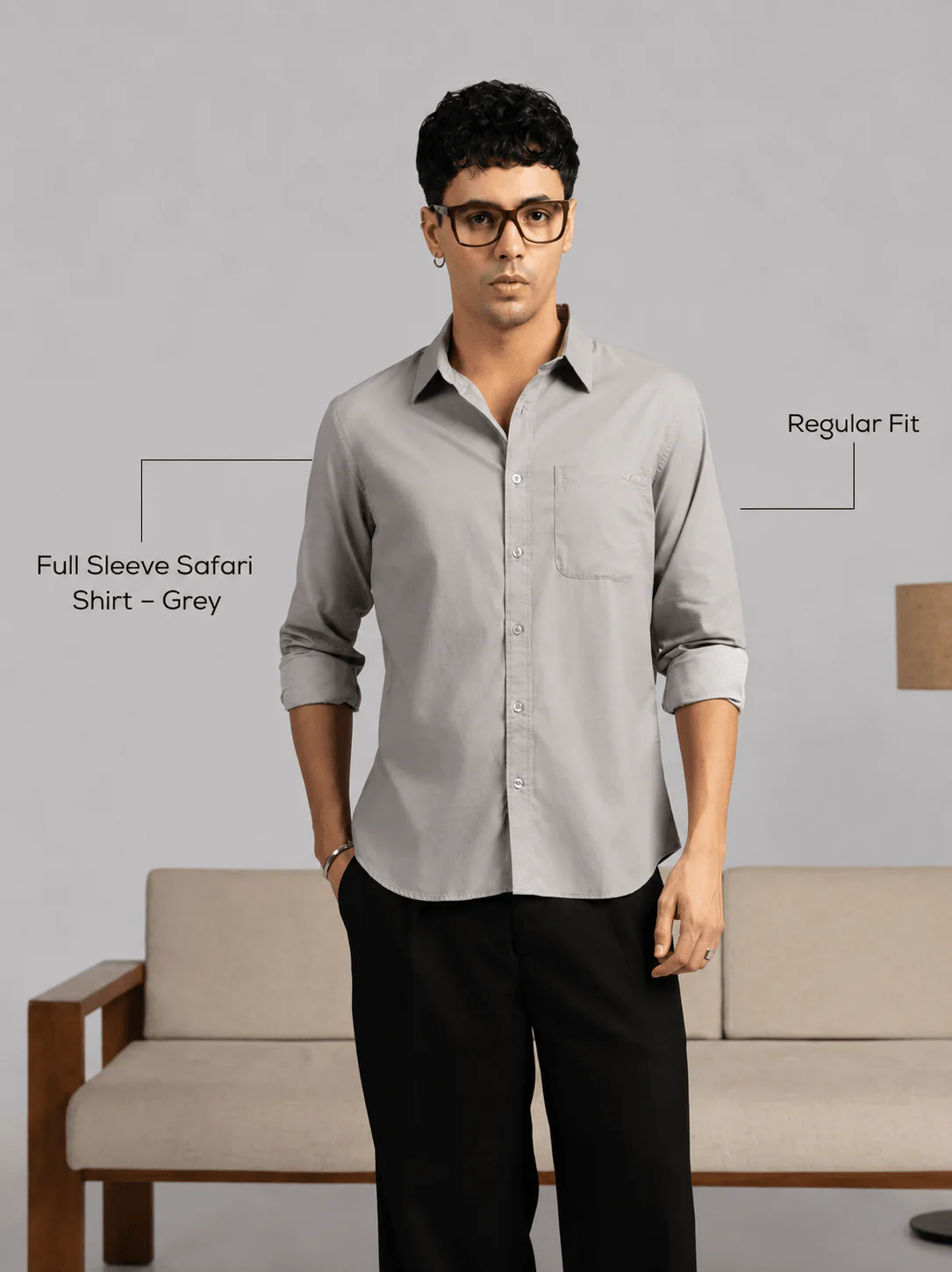 Men’s Grey Solid Cotton Shirt – Regular Fit, Full Sleeves - Image 4