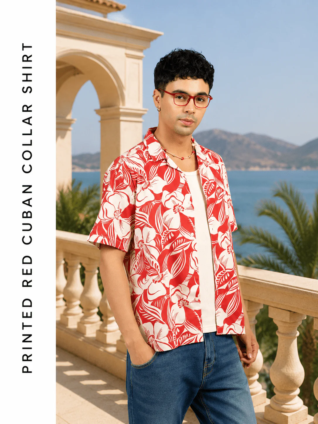 Printed Red Cuban Collar Shirt- Loose Fit - Image 3