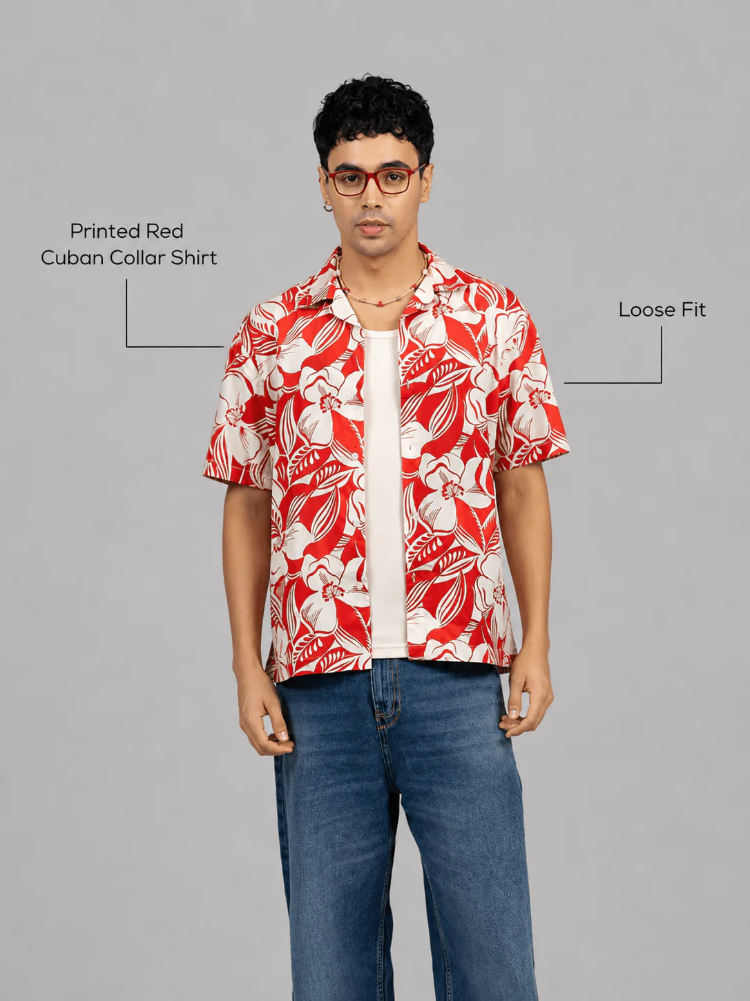 Printed Red Cuban Collar Shirt- Loose Fit - Image 4