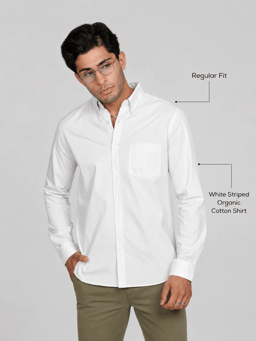 White Striped Organic Cotton Shirt – Button-Down Collar | Regular Fit - Image 4