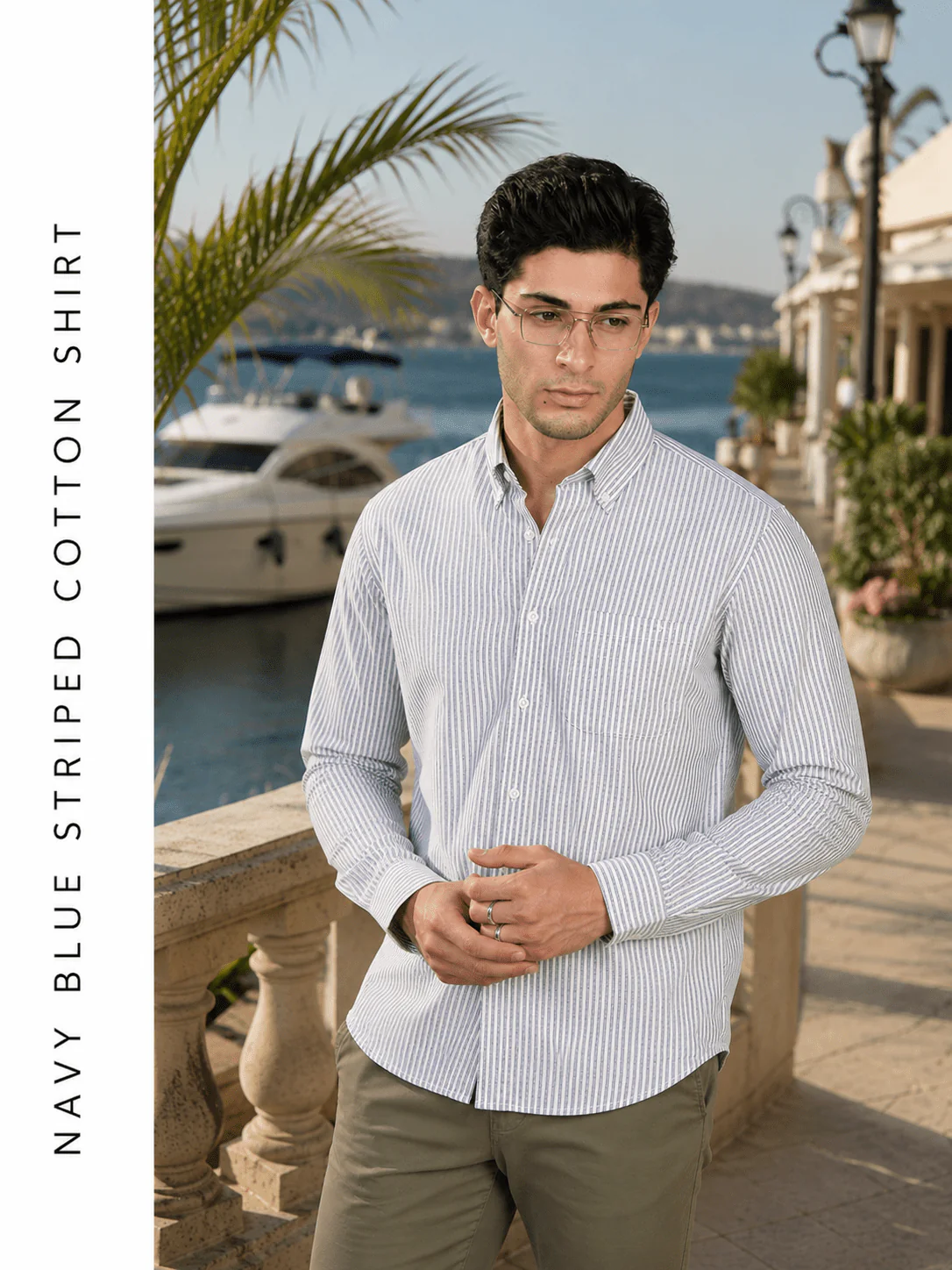 Navy Blue Striped Cotton Shirt – Button-Down Collar | Regular Fit - Image 3
