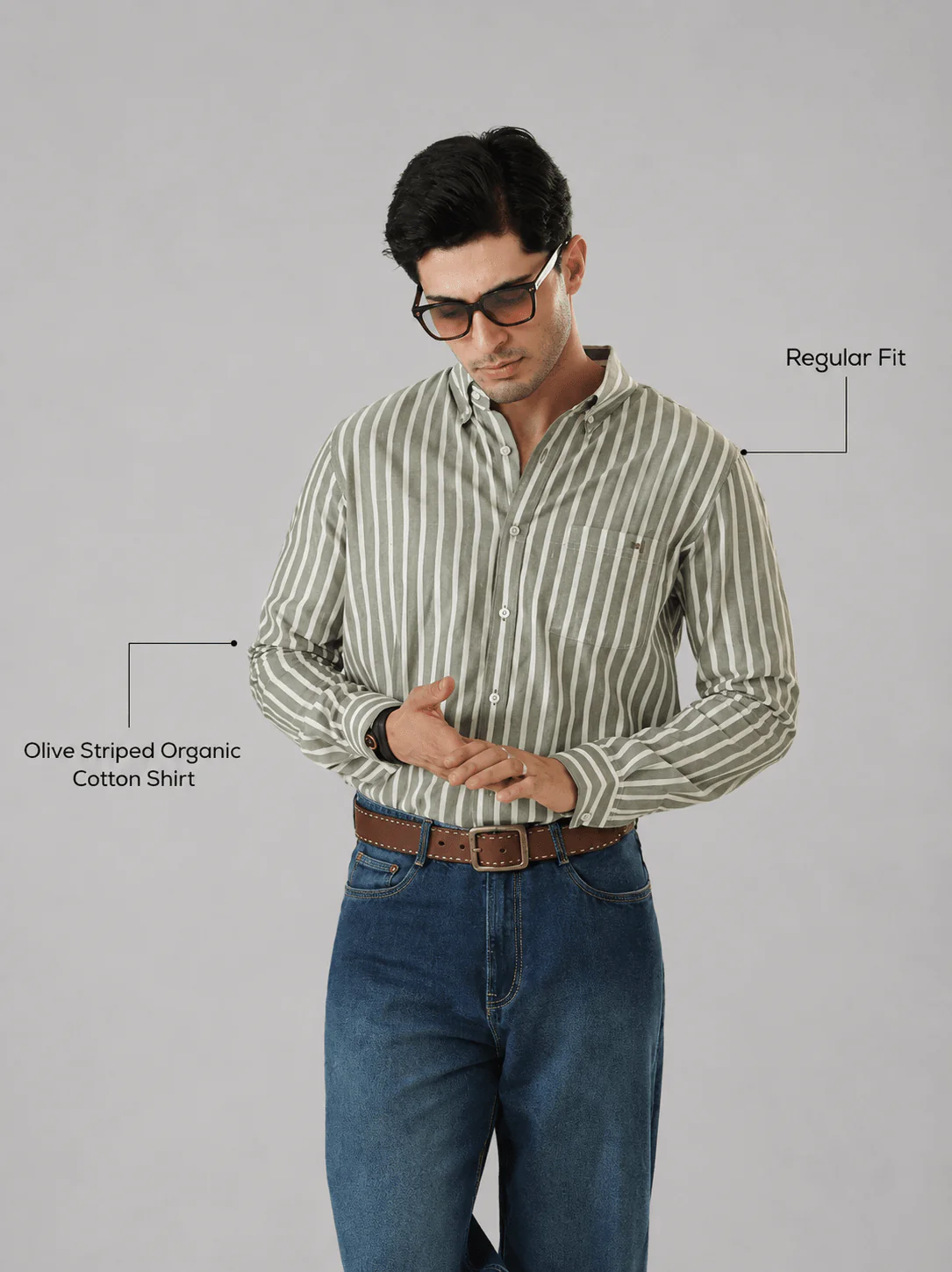 Olive Striped Organic Cotton Shirt – Regular Fit - Image 4