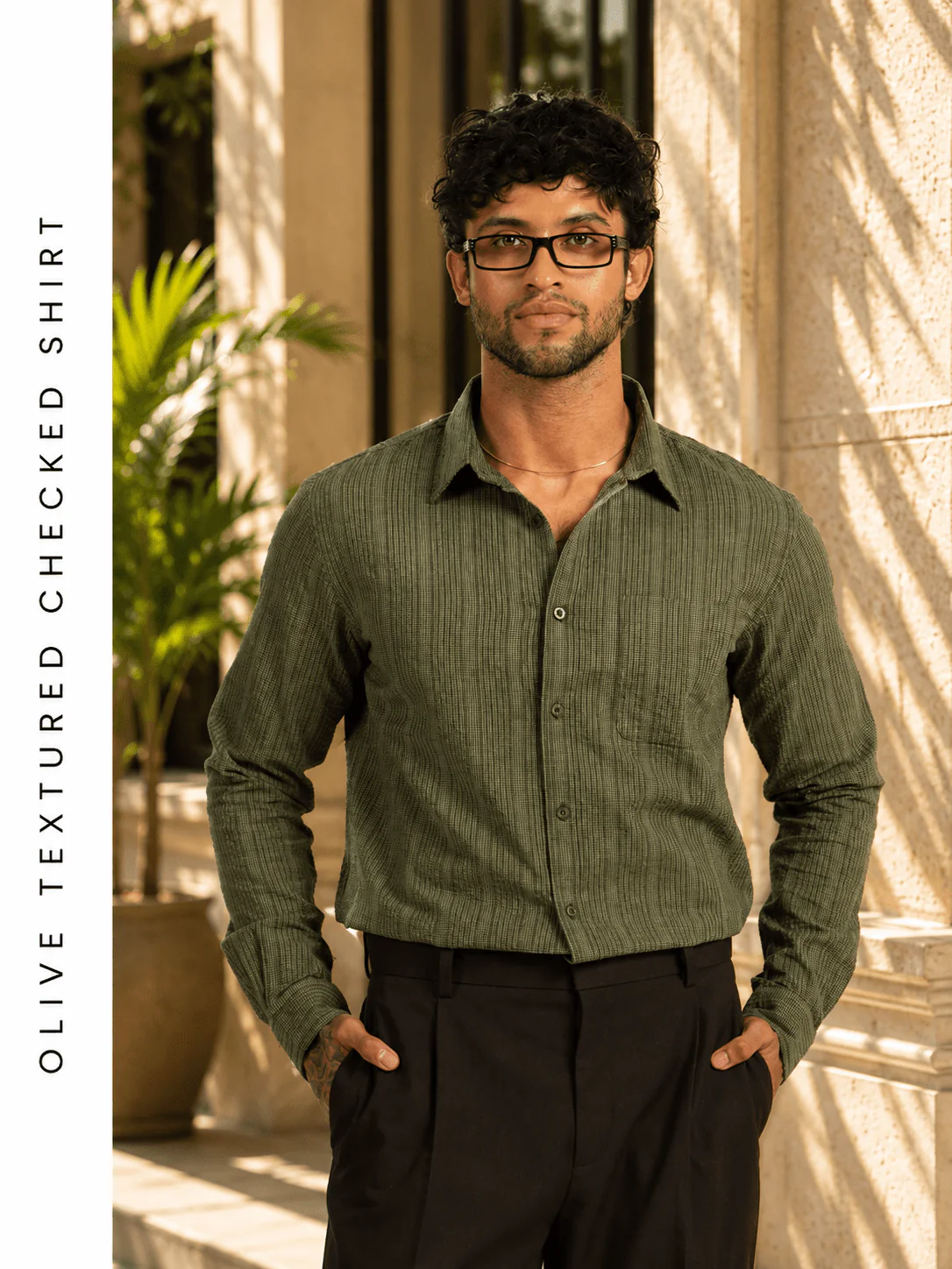 Olive Textured Checked Shirt β Regular Fit, Full Sleeves, Cotton - Image 3