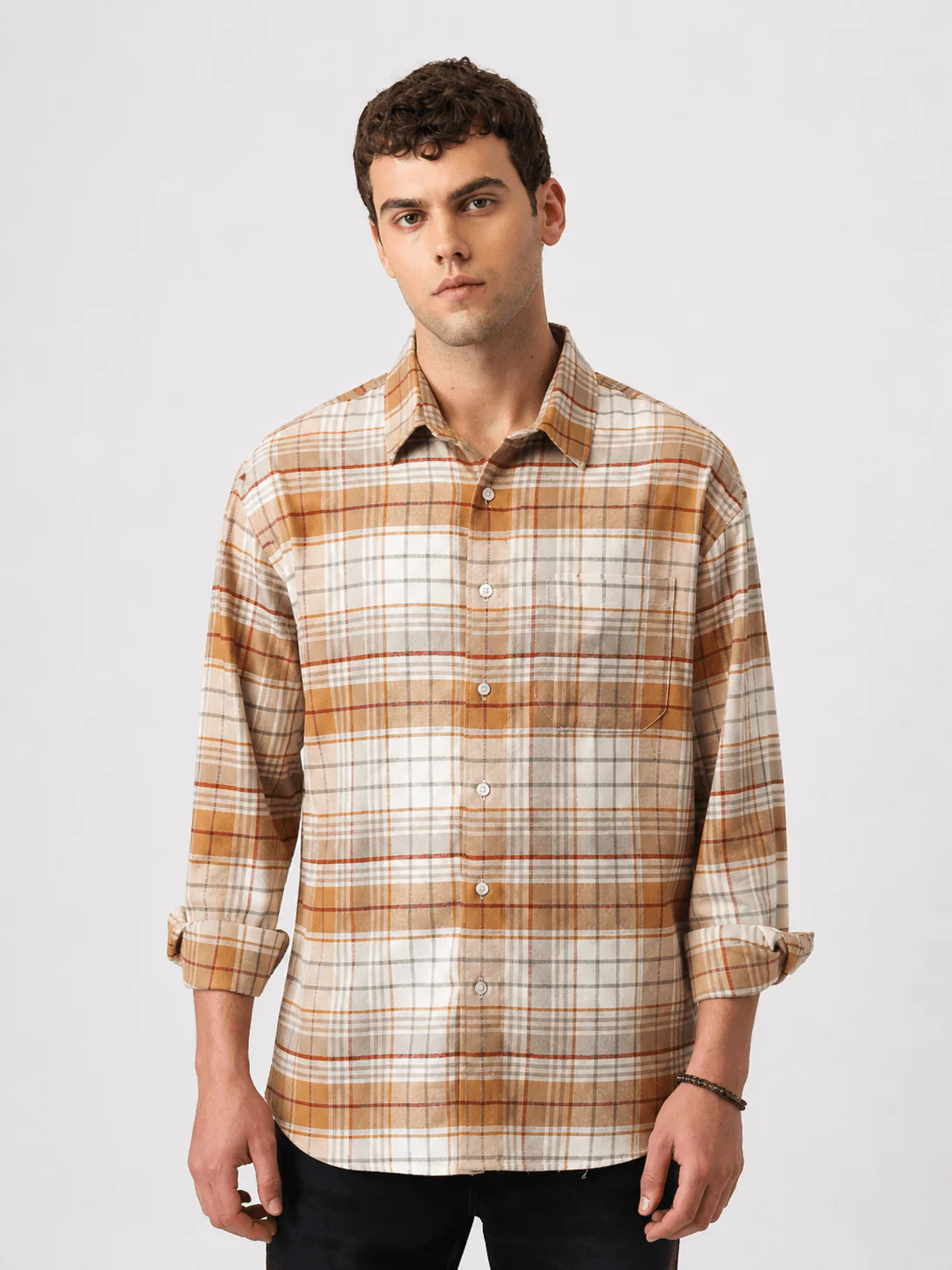 Mustard Checkered Cotton Shirt – Loose Fit, Full Sleeves