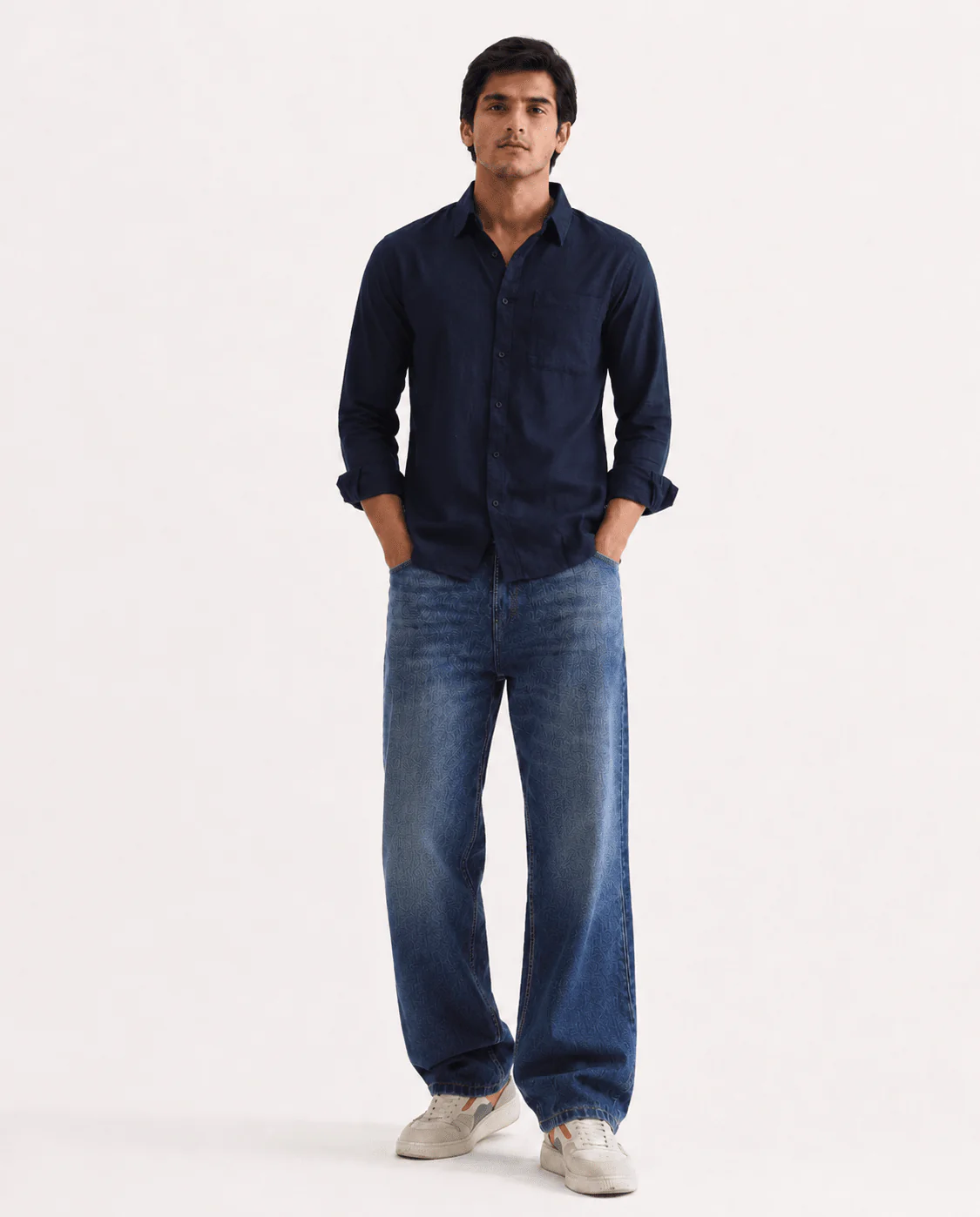 Navy Blue Linen Viscose Shirt – Regular Fit, Full Sleeves - Image 4