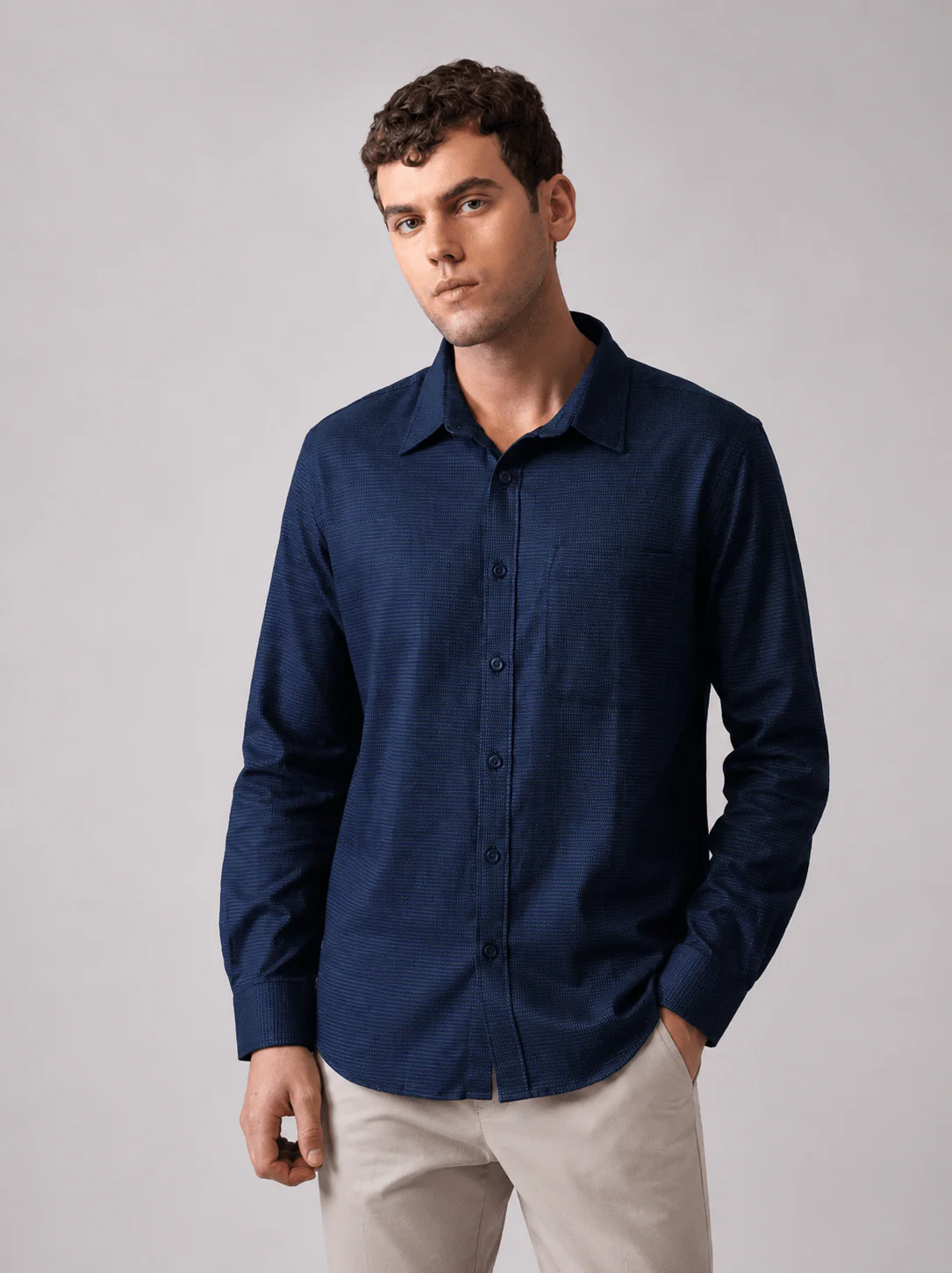 Navy Blue Oxford Organic Cotton Shirt β Regular Fit, Full Sleeves