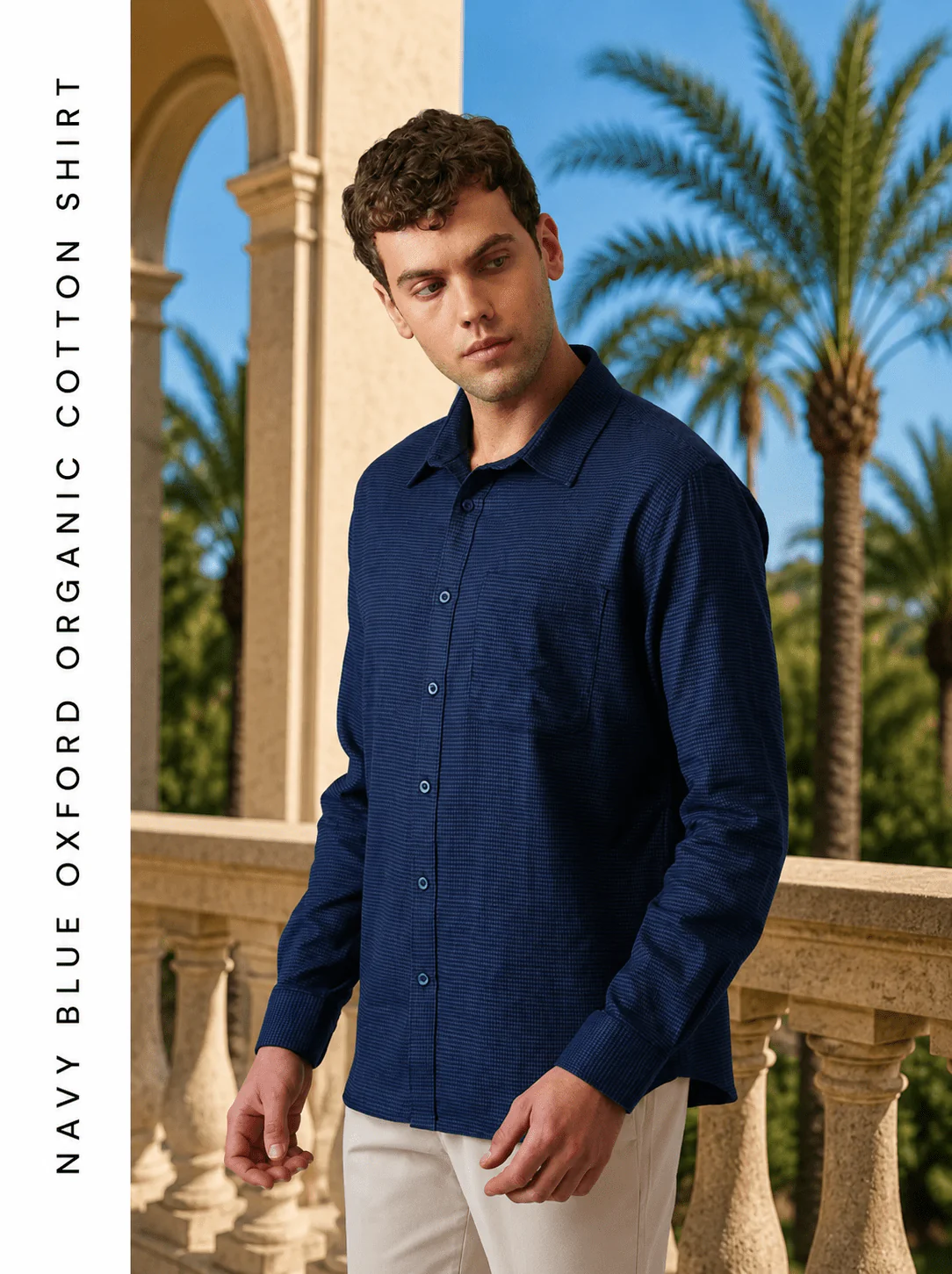 Navy Blue Oxford Organic Cotton Shirt β Regular Fit, Full Sleeves - Image 3