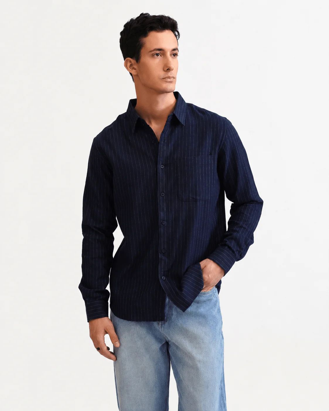 Navy Blue Pinstripe Cotton Viscose Shirt – Regular Fit, Full Sleeves - Image 2