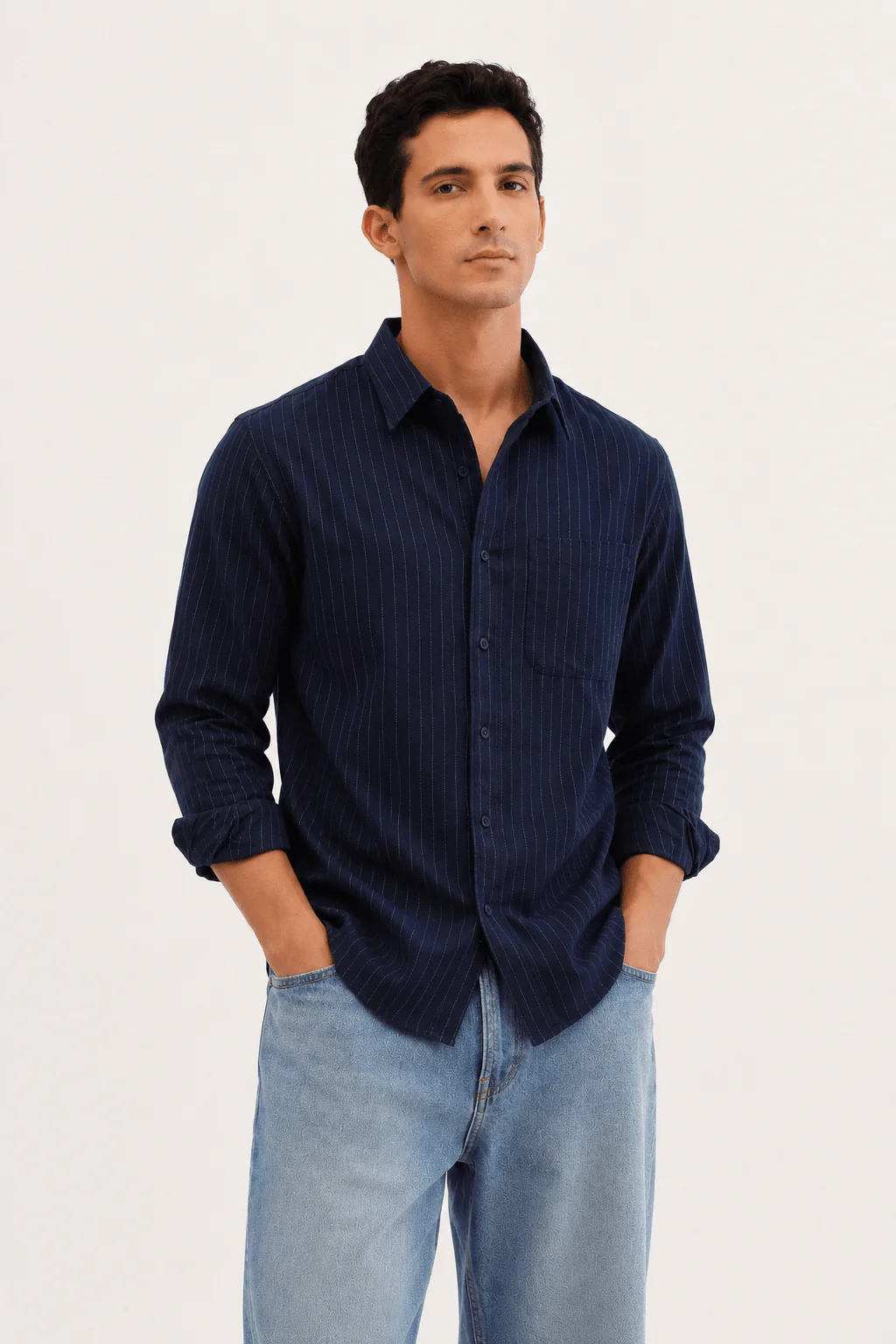 Navy Blue Pinstripe Cotton Viscose Shirt – Regular Fit, Full Sleeves - Image 3
