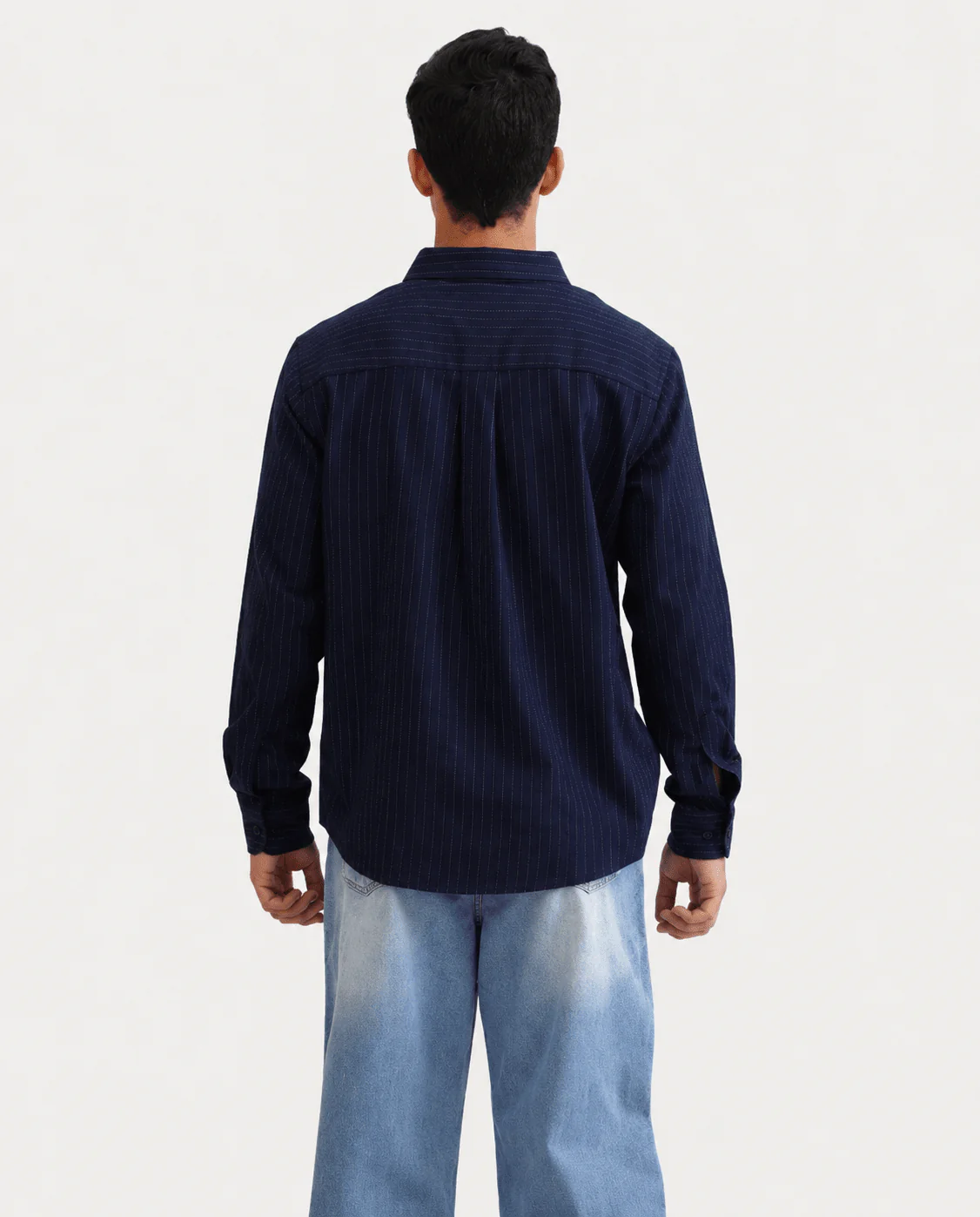 Navy Blue Pinstripe Cotton Viscose Shirt – Regular Fit, Full Sleeves - Image 4