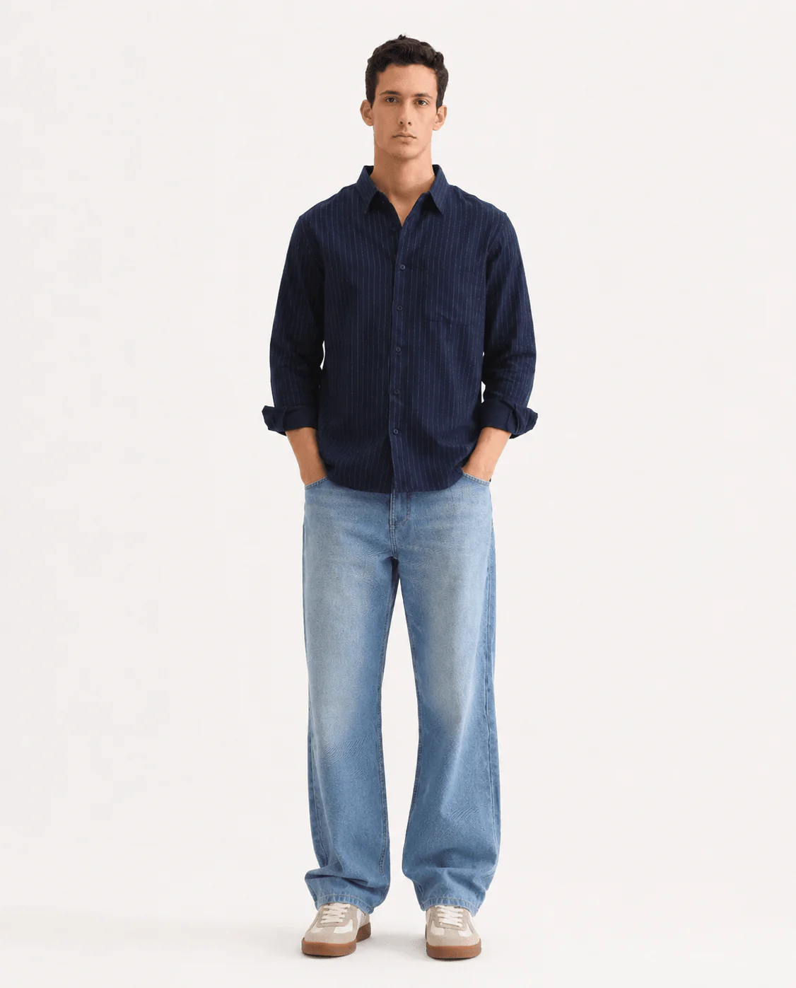 Navy Blue Pinstripe Cotton Viscose Shirt – Regular Fit, Full Sleeves - Image 5