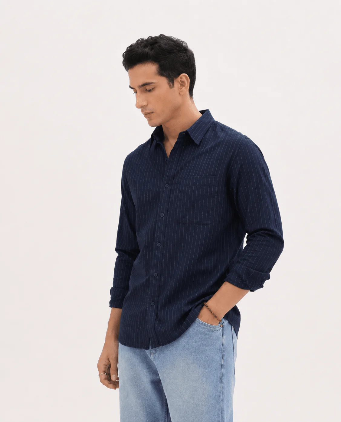 Navy Blue Pinstripe Cotton Viscose Shirt – Regular Fit, Full Sleeves - Image 6